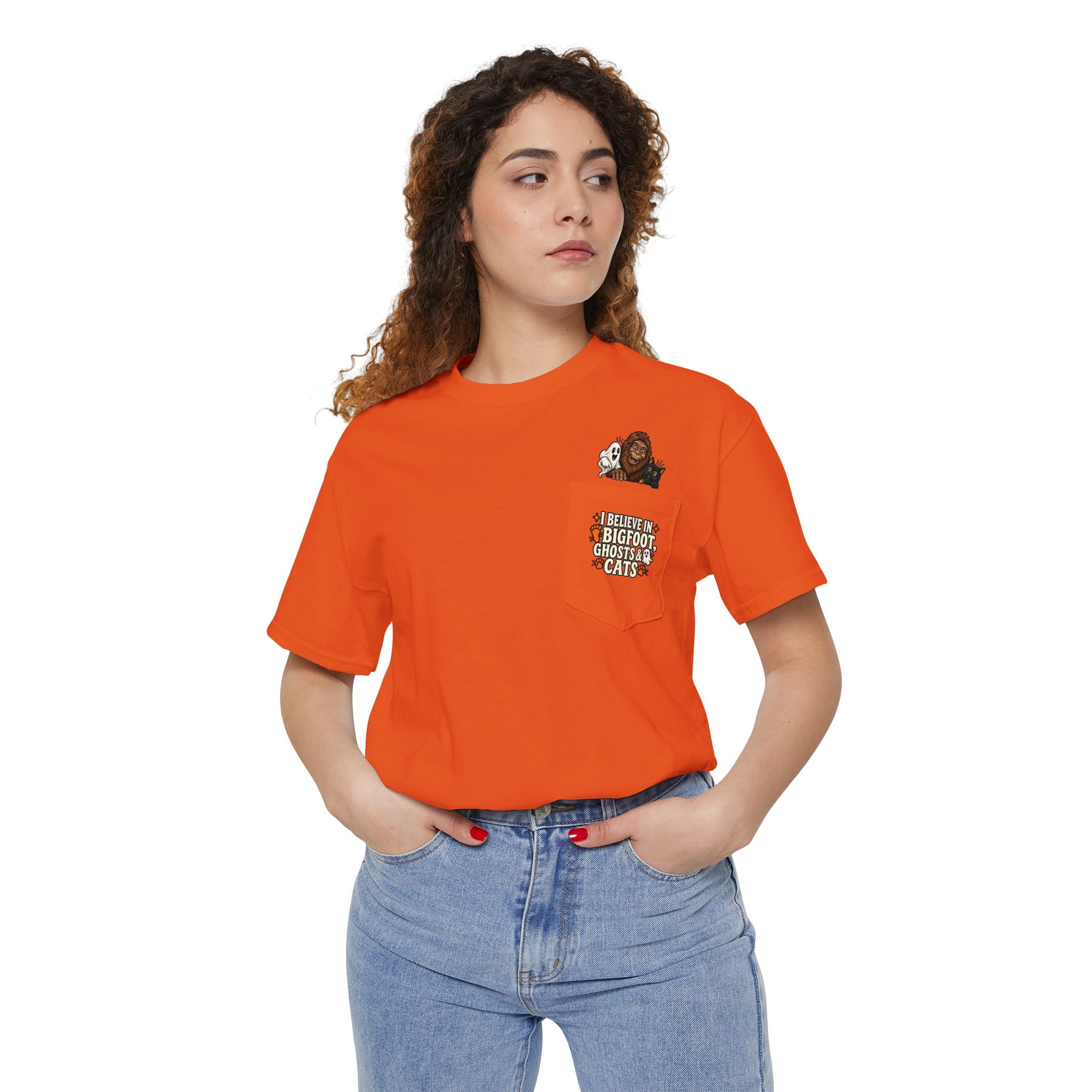 I Believe in Bigfoot, Ghosts & Cats Pocket T-Shirt
