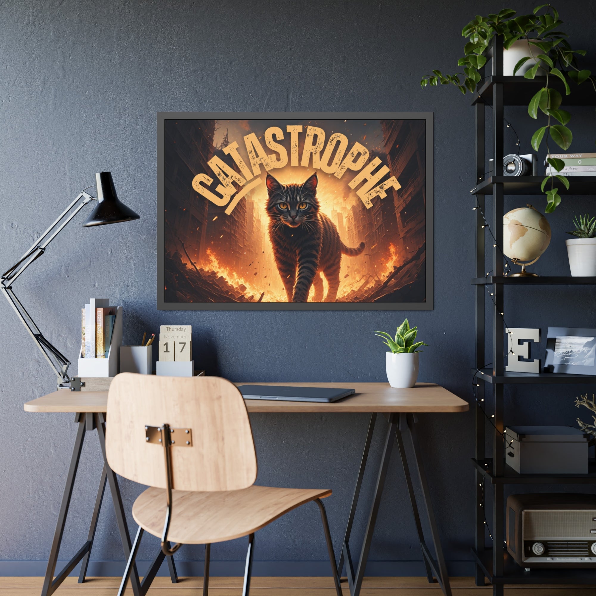 Framed Catastrophe Cat Poster Art, Quirky Cat Artwork