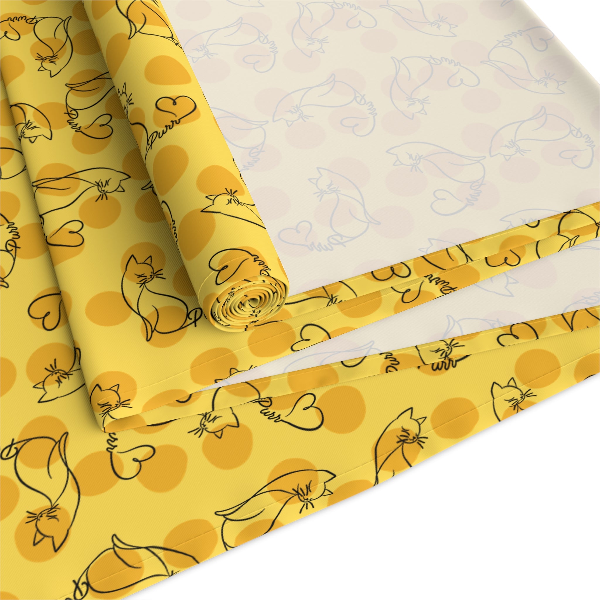 Golden Purr Cat Table Runner – Minimalist Line Art Polka Dot Design