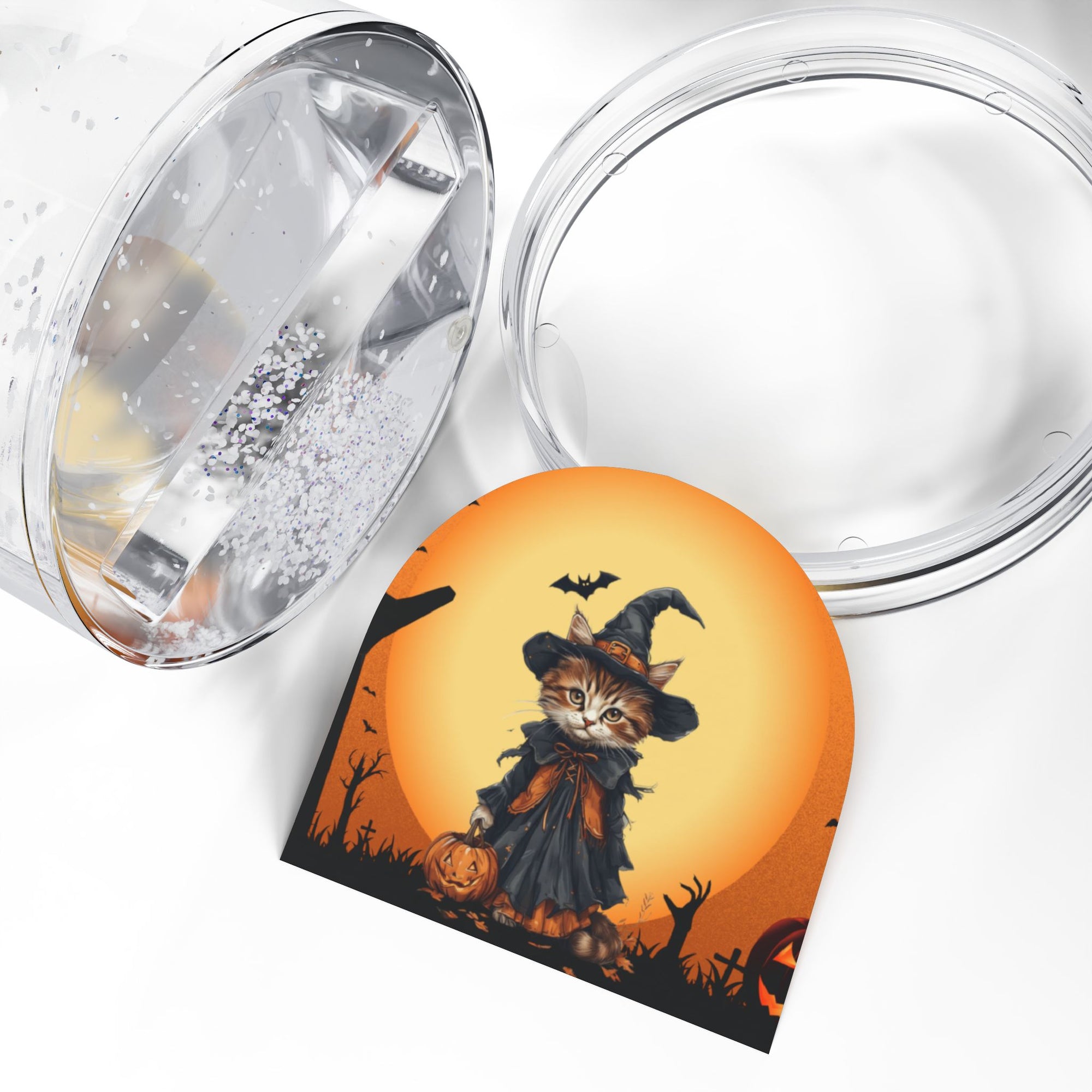 Halloween Cat Snow Globe with Witch Design