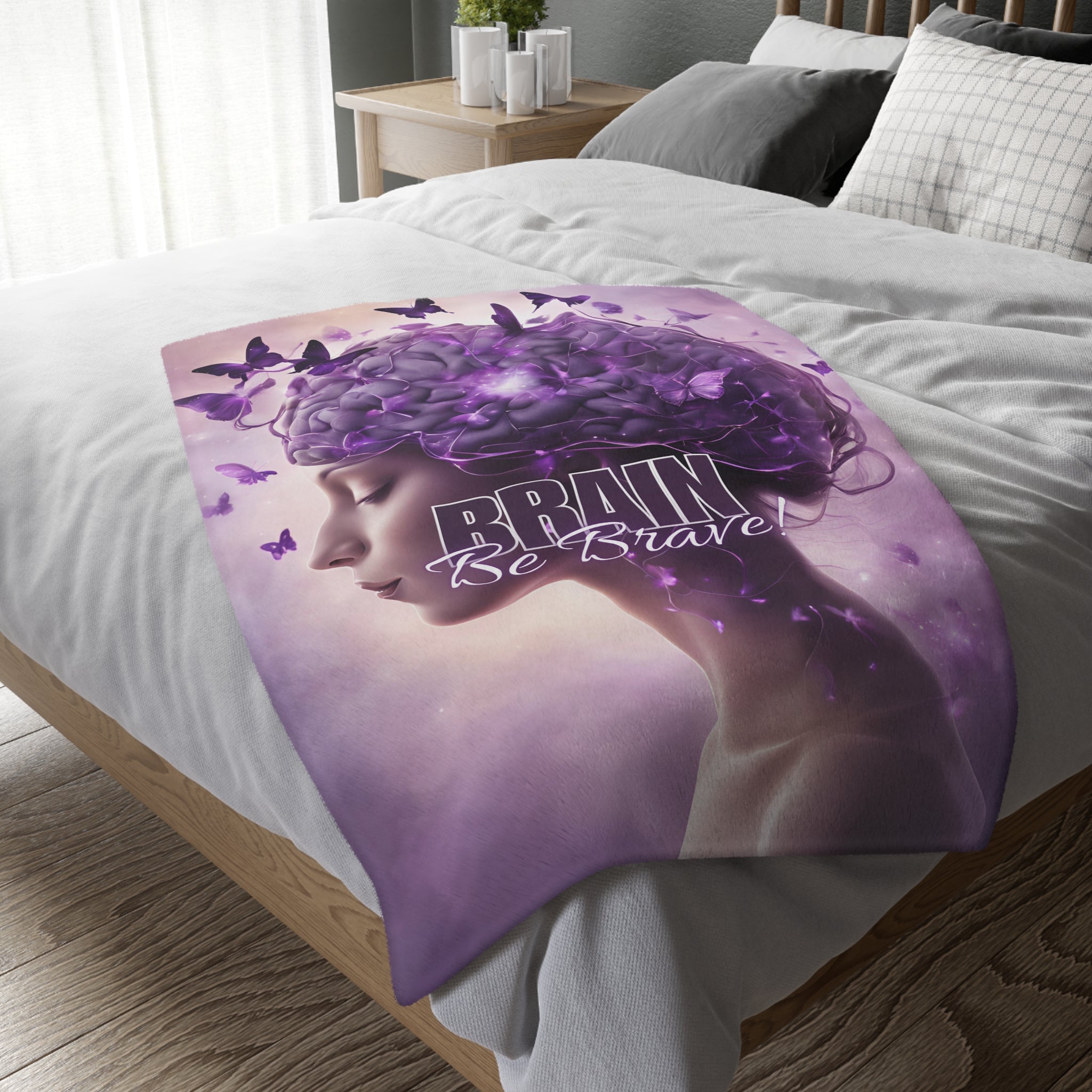 Photo depicting the ​Brain Be Brave Velveteen Microfiber Blanket (Two-sided print) from EpiAl's Shop.