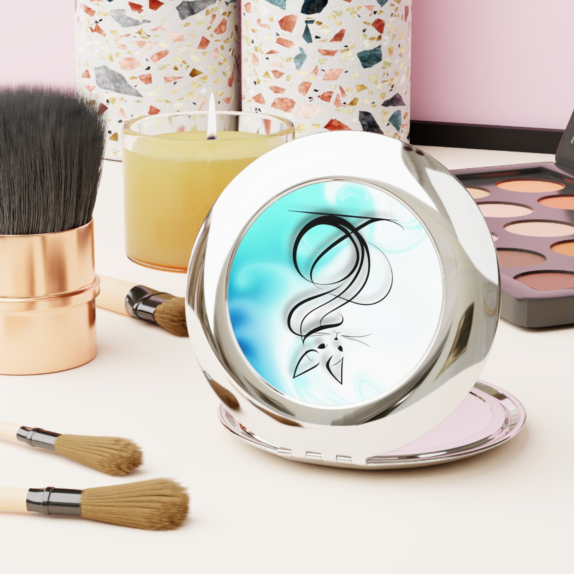 Elegant Swirly Cat Design Compact Travel Mirror