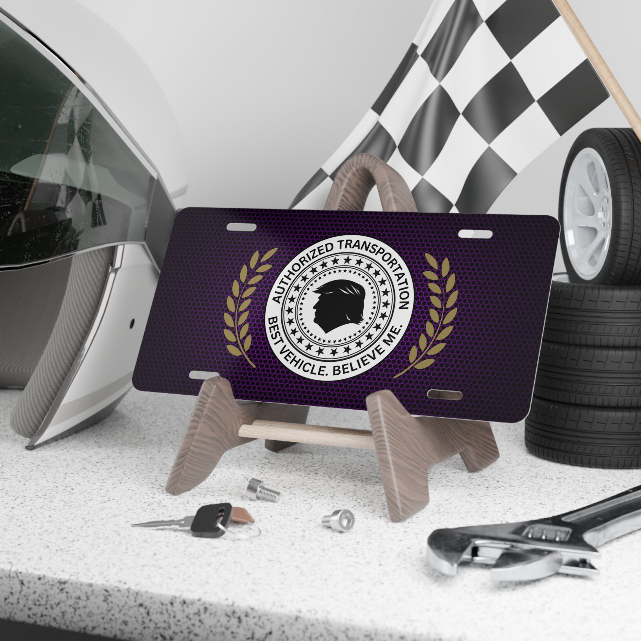 “Authorized Transportation” Political Parody Vanity Plate – Believe Me Edition