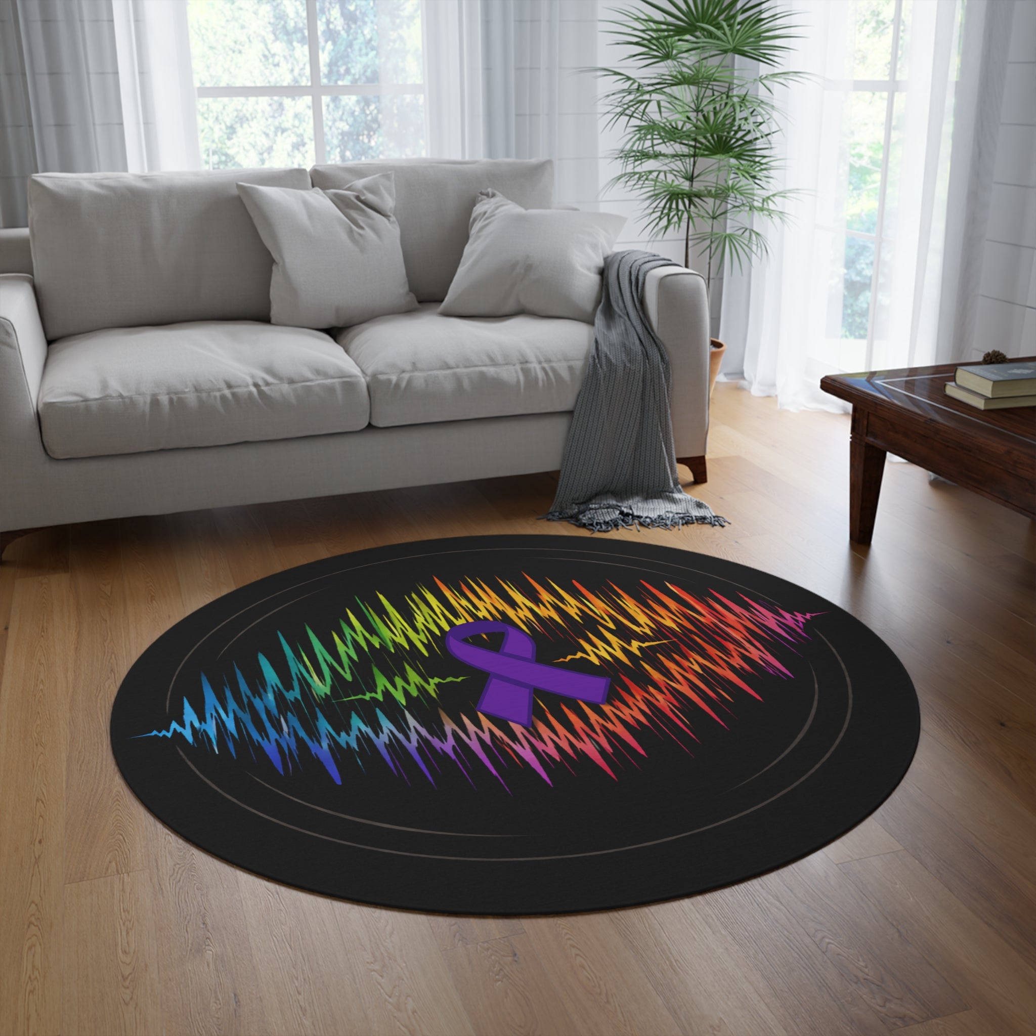 Epilepsy Awareness Brainwave Round Rug – Rainbow Signal on Black