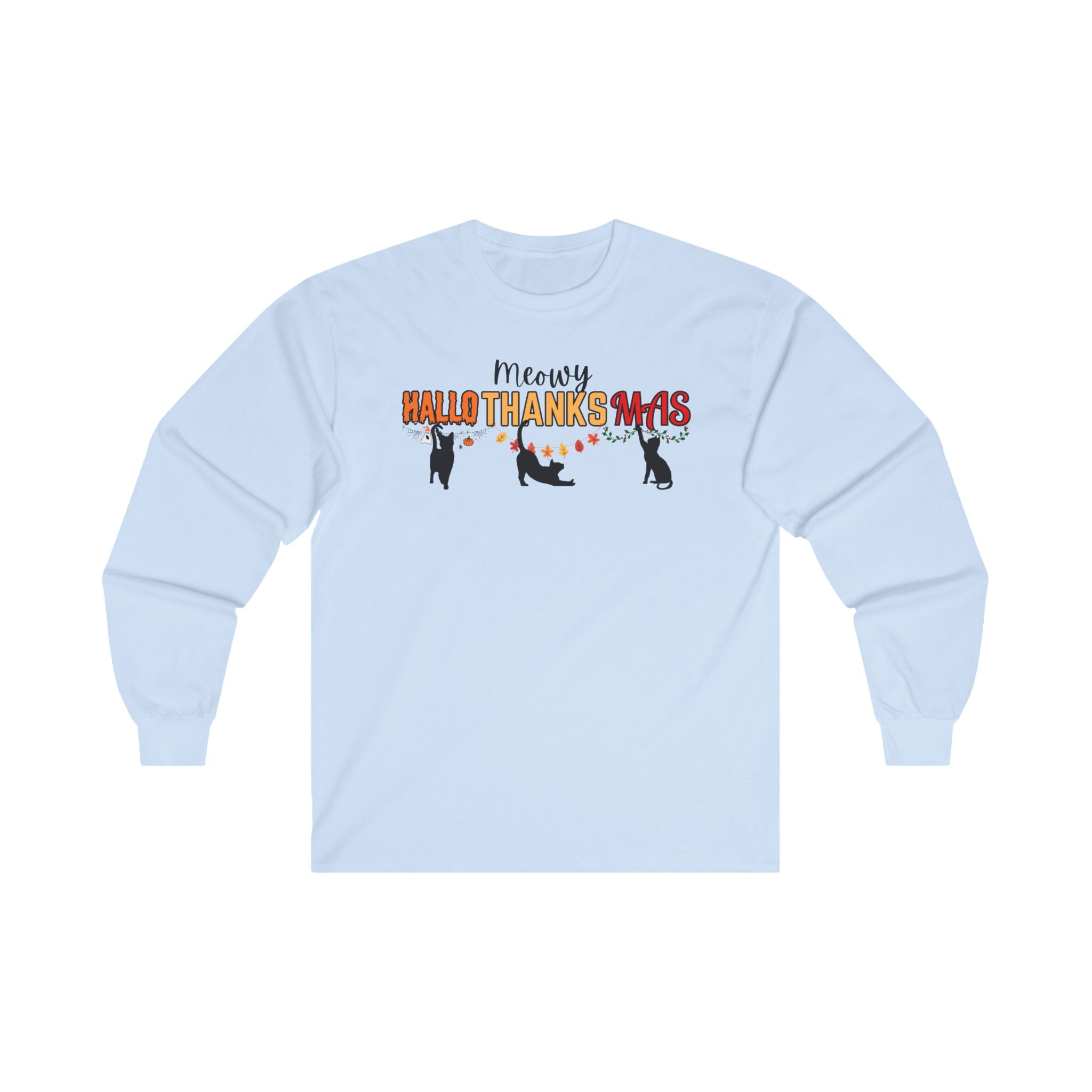 Photo depicting the ​Meowy HalloThanksMas Unisex Ultra Cotton Long Sleeve Tee from EpiAl's Shop.
