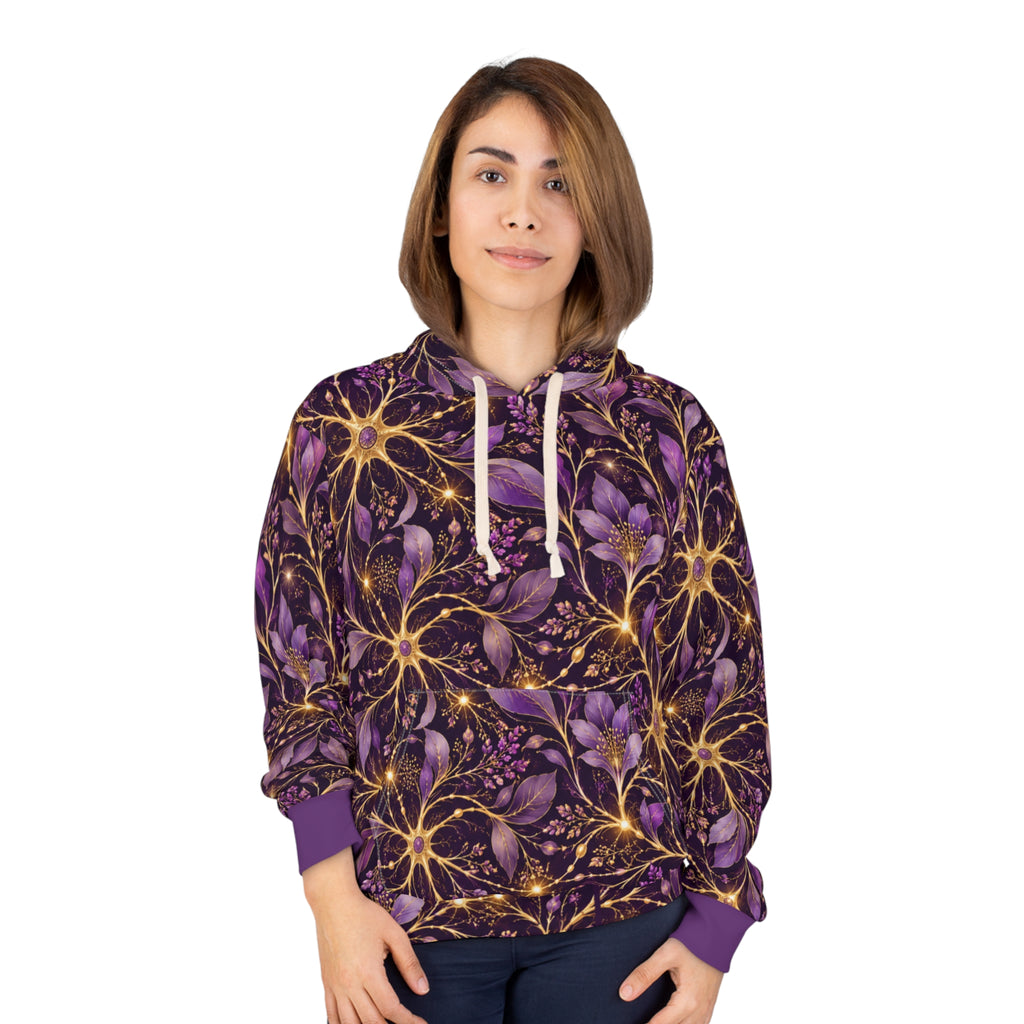 Beautifully Miswired Midnight Bloom All-Over Print Hoodie | Purple Neuron & Botanical Design