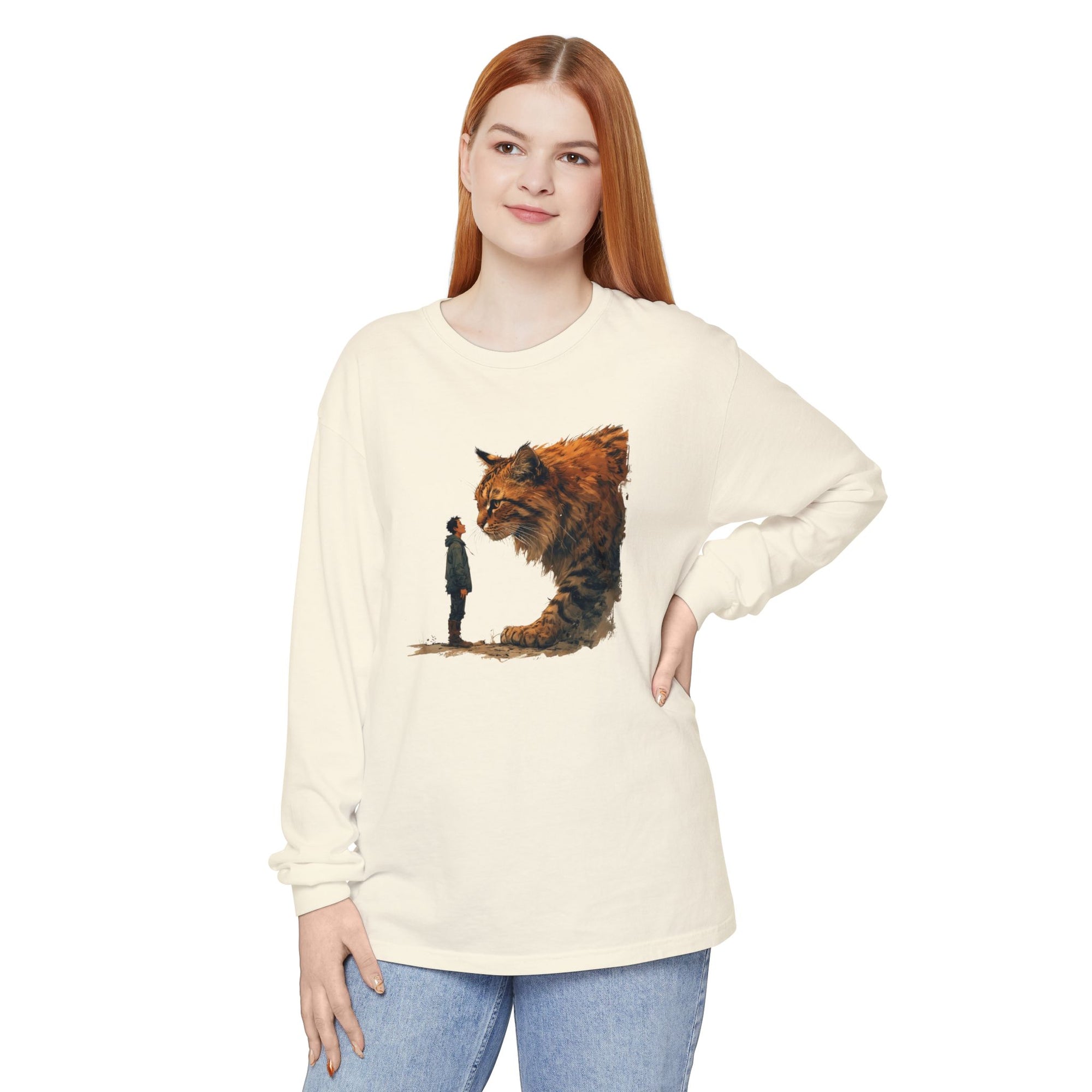 Whimsical Long Sleeve T-Shirt with Giant Cat Design