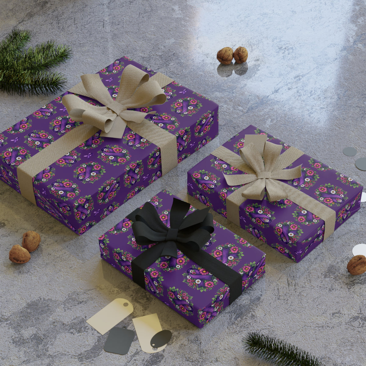 Purple Ribbon & Flowers Gift Wrapping Paper Roll