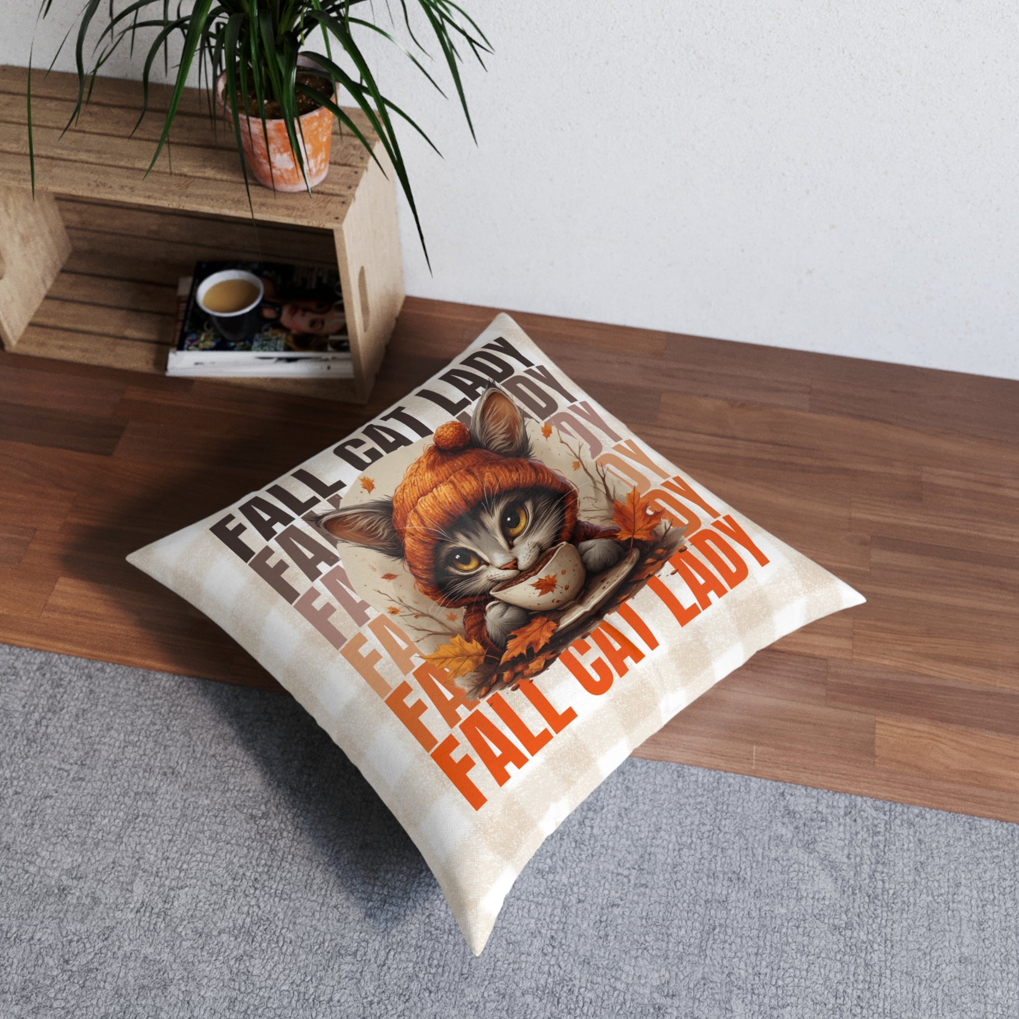 Fall Cat Lady Tufted Floor Pillow, Cozy Home Decor