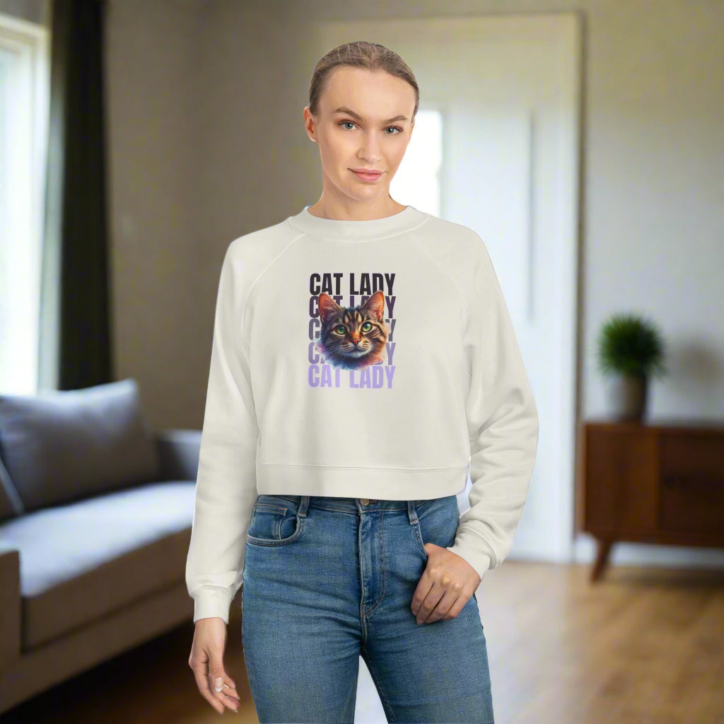 Colorful Cat Lady Cropped Fleece Pullover - Cozy Sweatshirt for Cat Lovers