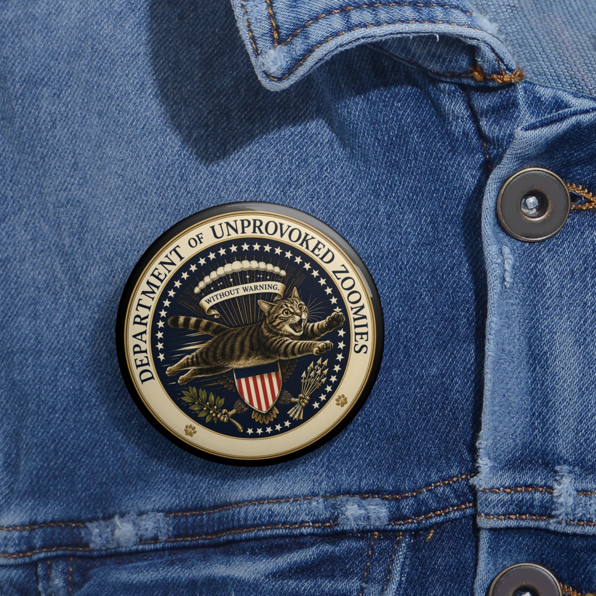 Department of Unprovoked Zoomies Pinback Button | Funny Cat Government Seal Pin