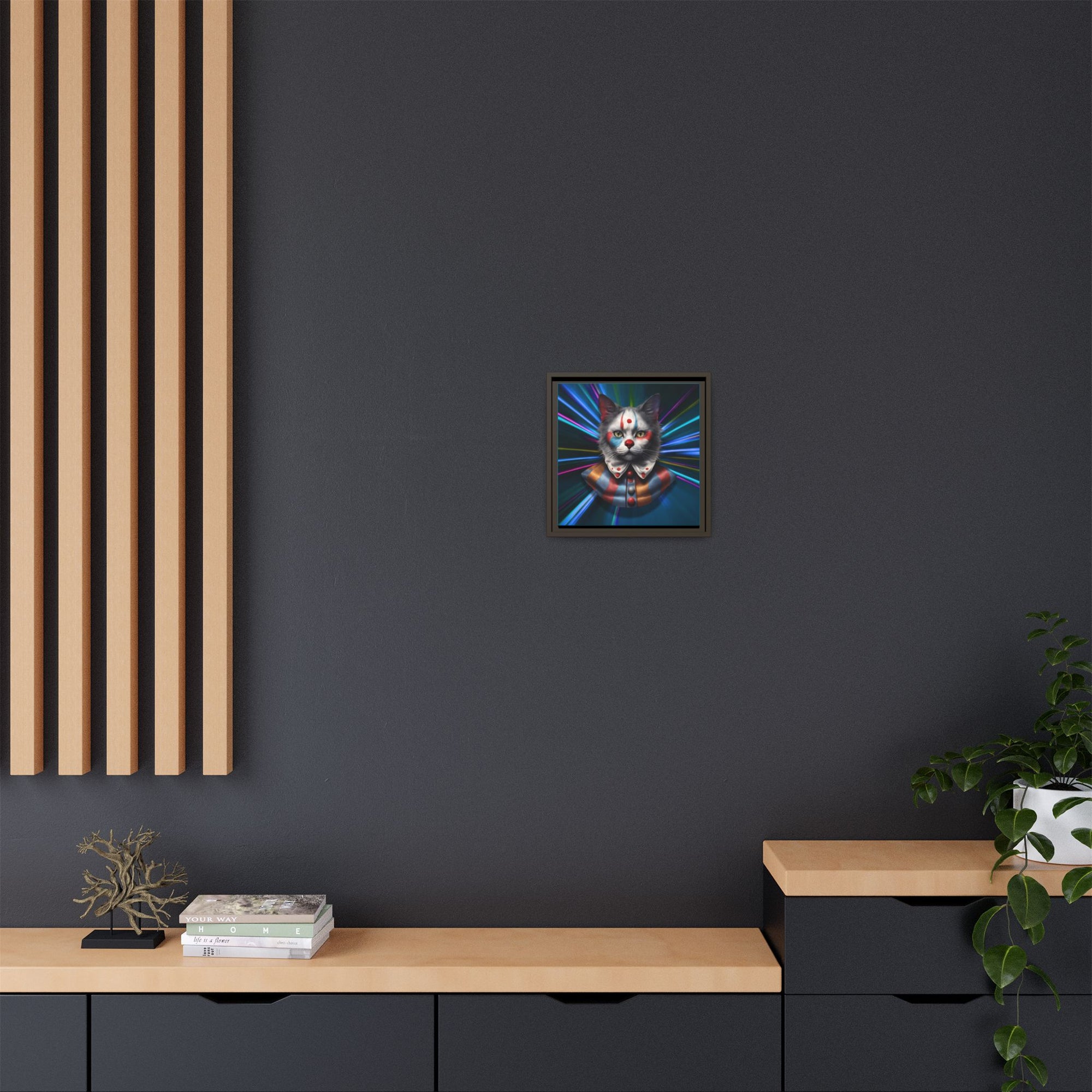 Colorful Cat Clown Framed Canvas Art – Quirky Home Decor for Pet Lovers