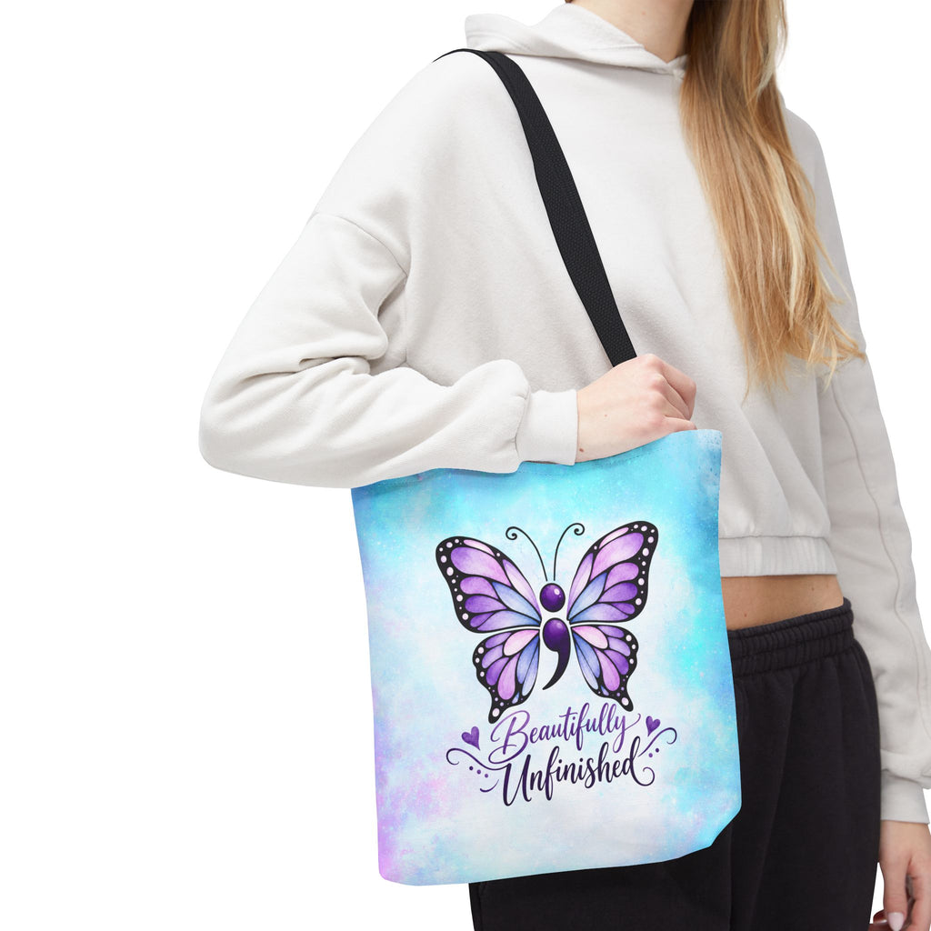 Beautifully Unfinished Semicolon Butterfly Suicide Awareness Tote Bag