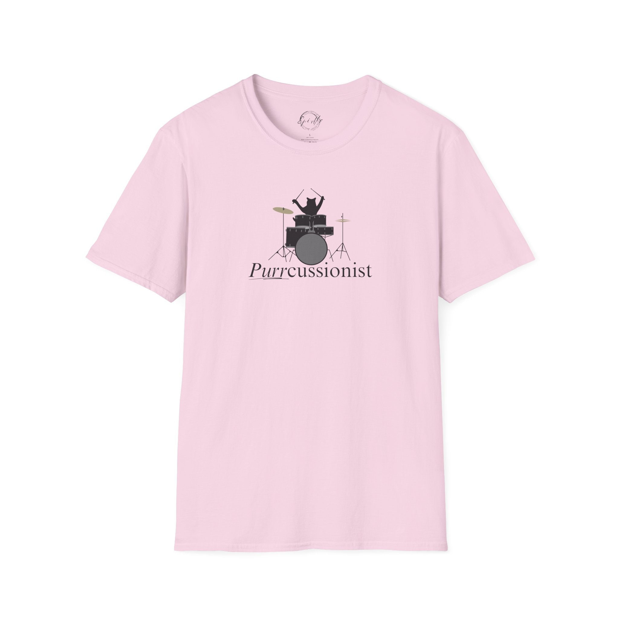 Photo depicting the ​Purrcussionist Unisex Softstyle T-Shirt from EpiAl's Shop.
