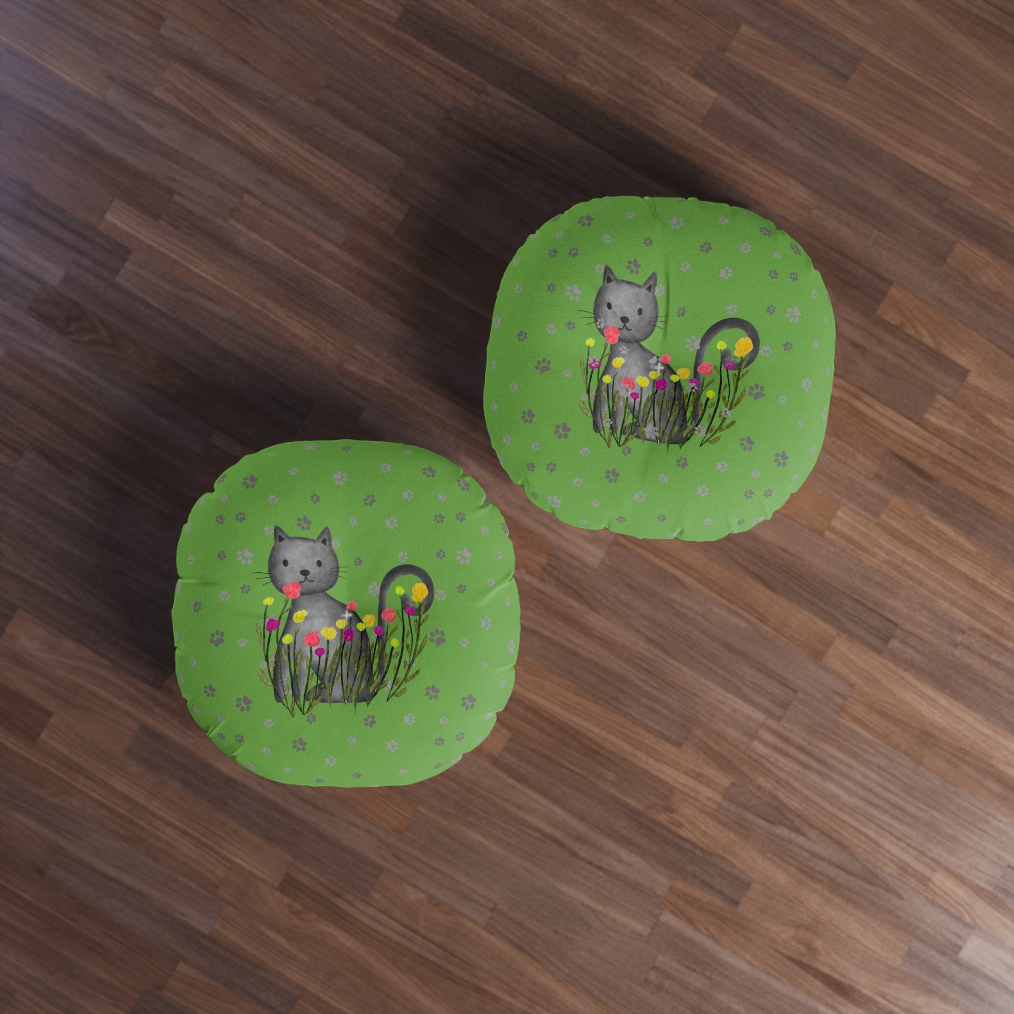 Curious Garden Cat Round Floor Pillow – Green Paw Print Accent Cushion (26