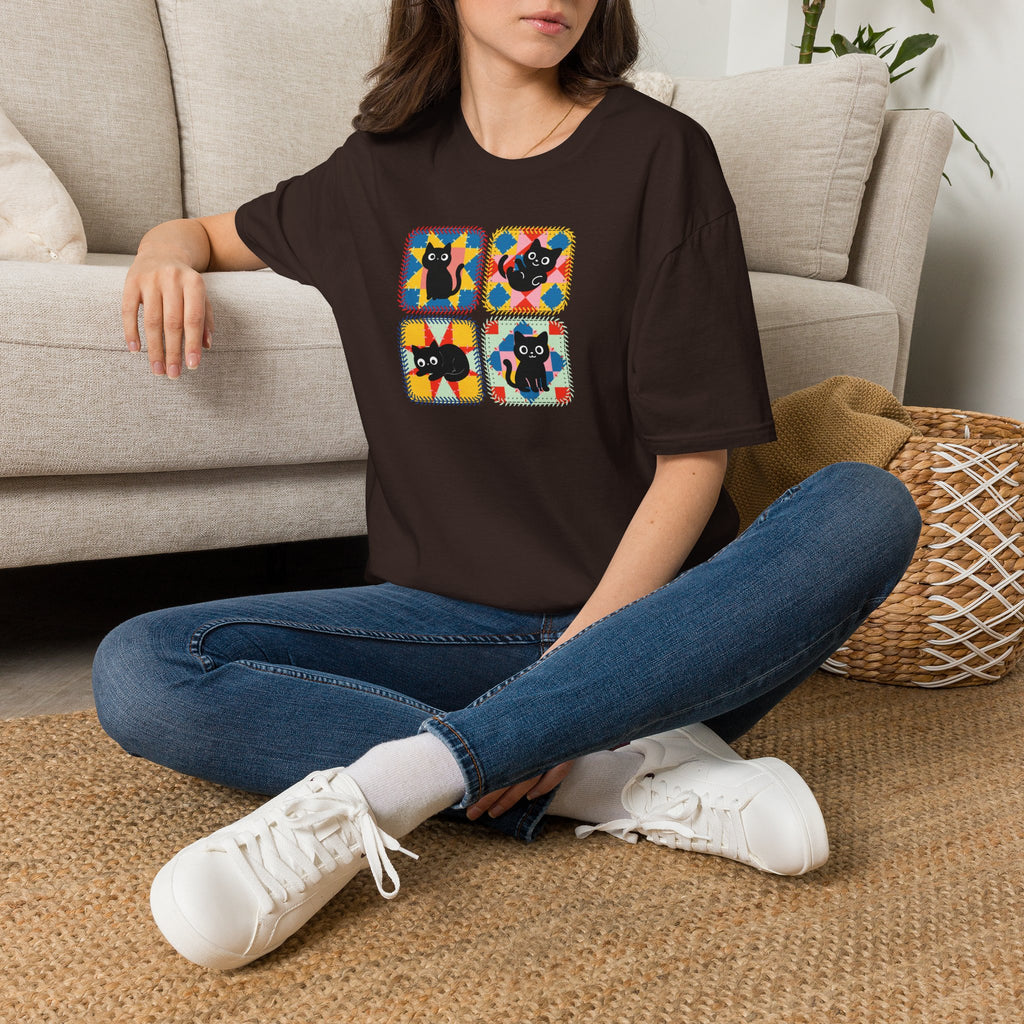 Patchwork Black Cats T-Shirt | Colorful Quilt Cat Lover Graphic Tee