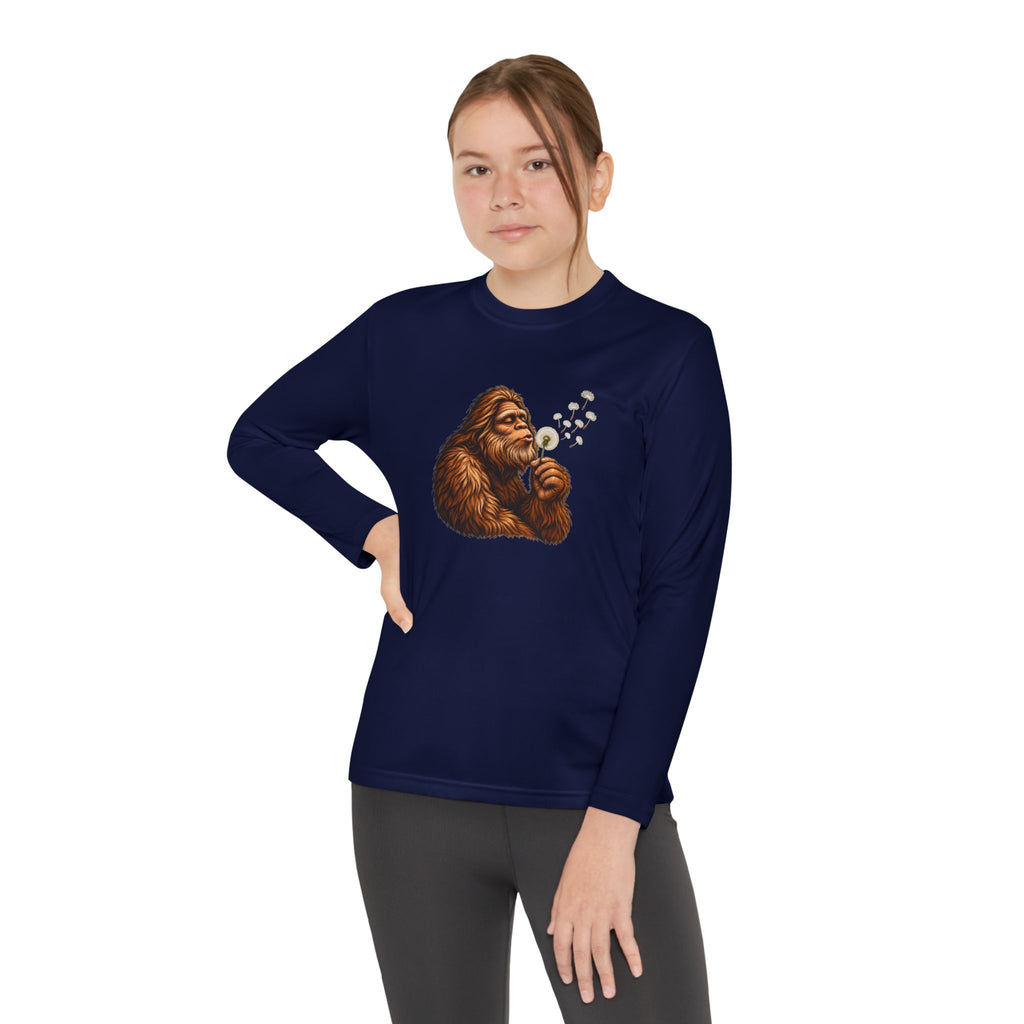Bigfoot Blowing Dandelion Youth Long Sleeve Tee | Kids Sasquatch Shirt