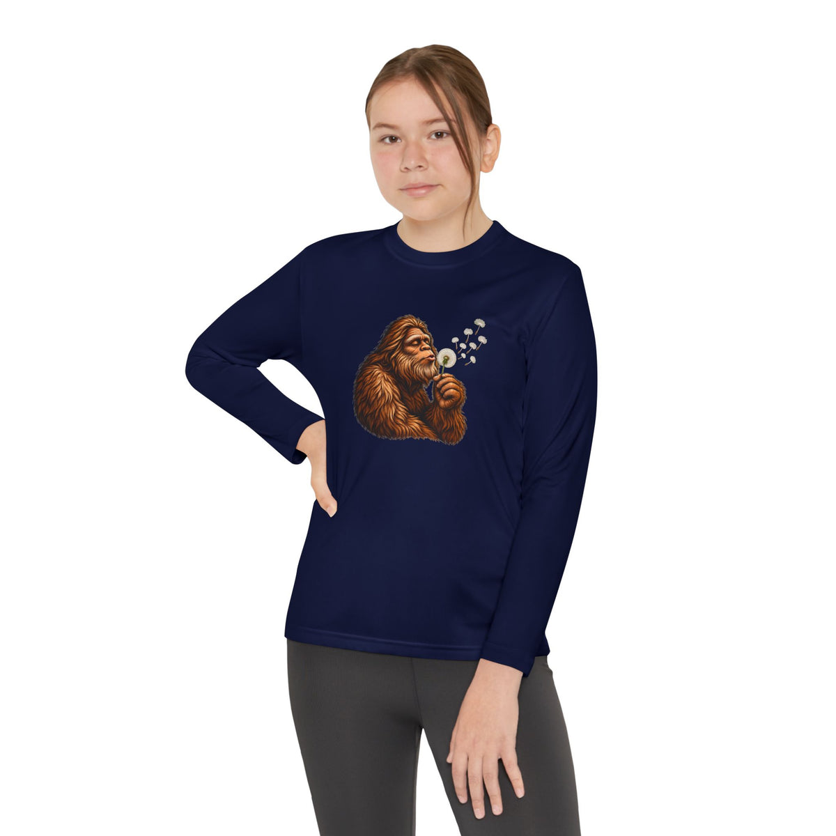 Bigfoot Blowing Dandelion Youth Long Sleeve Tee | Kids Sasquatch Shirt