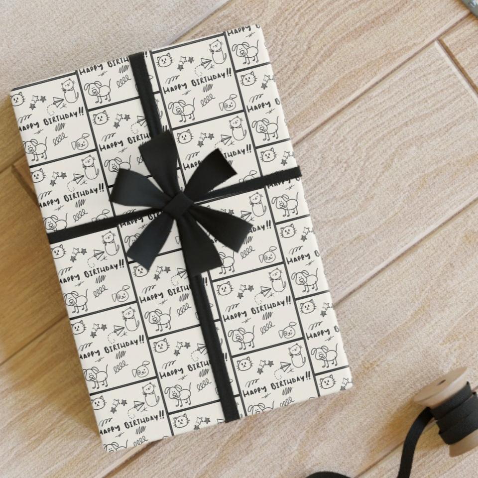 Sketched Puppies & Kitties Birthday Gift Wrapping Paper Rolls, 1pc - EpiAl's Shop