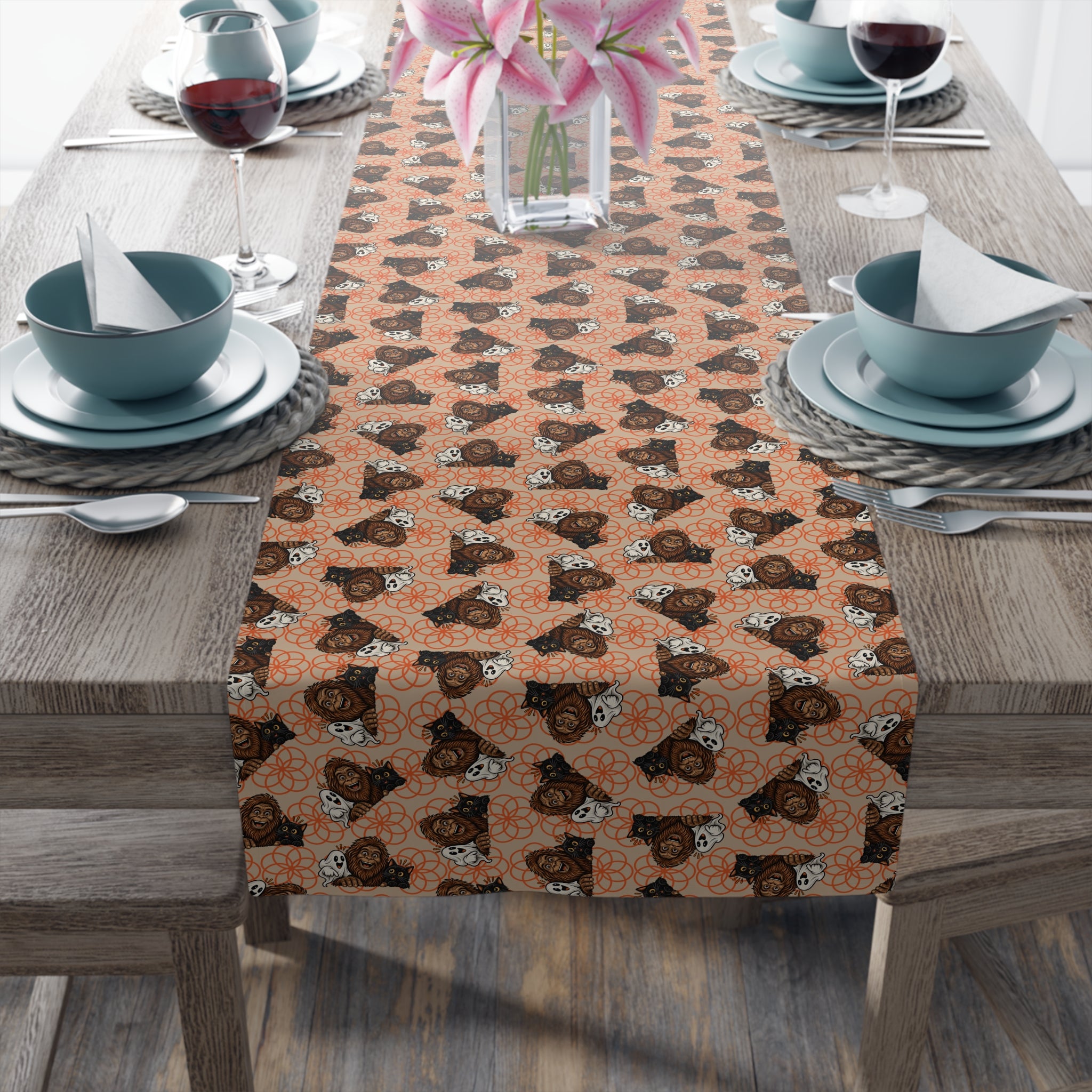 Bigfoot, Boo & Black Cat Halloween Table Runner