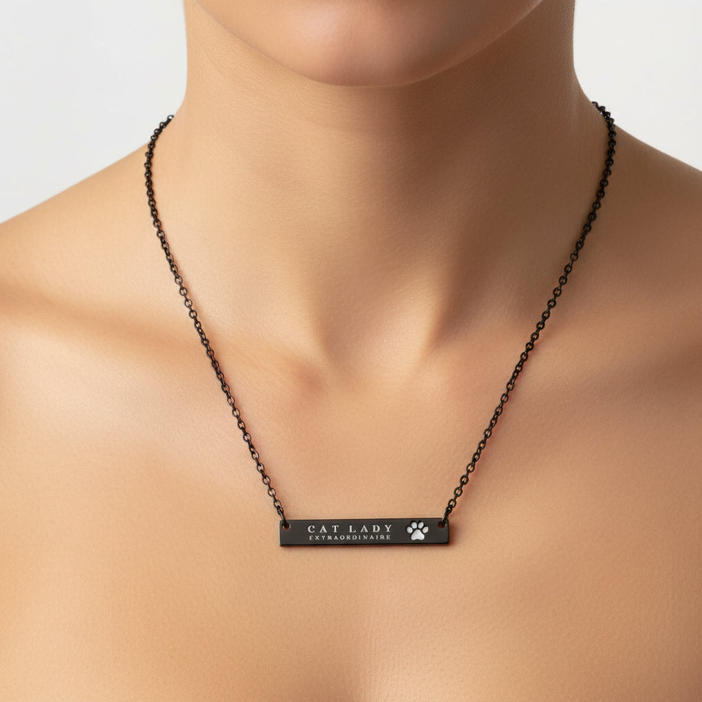 Cat Lady Extraordinaire Bar Necklace | Paw Engraved Stainless Steel