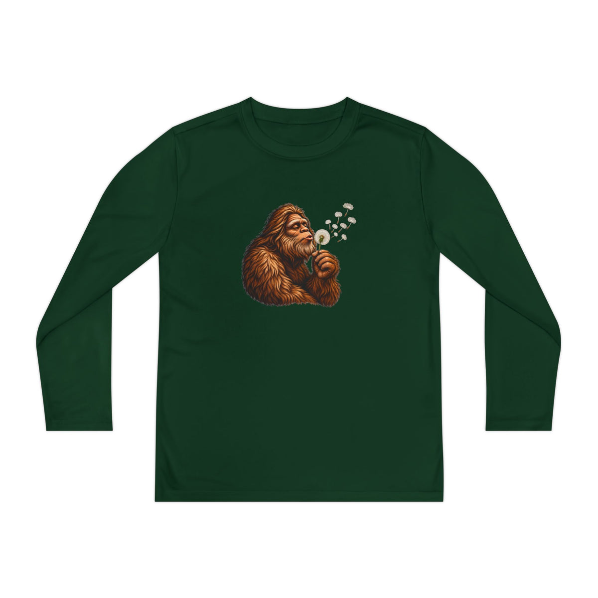 Bigfoot Blowing Dandelion Youth Long Sleeve Tee | Kids Sasquatch Shirt