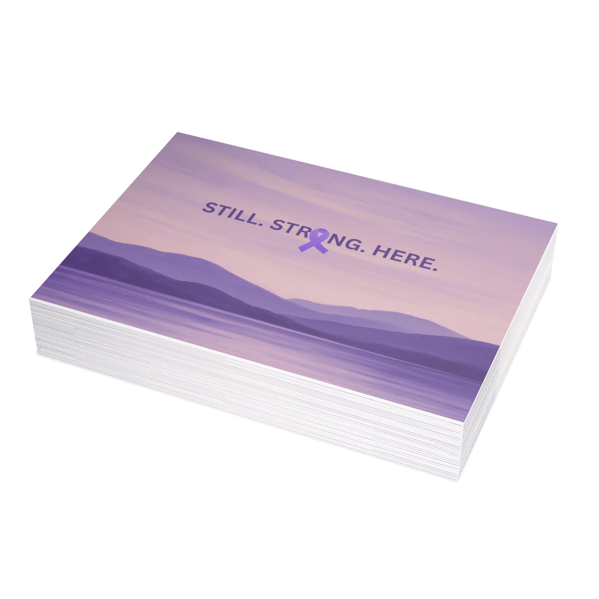 “Still. Strong. Here.” Epilepsy Awareness Postcards — Lavender Horizon (7×5, Sets of 10/30/50)