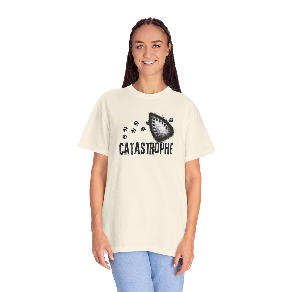 Catastrophe Iron Burn Graphic T-Shirt | Funny Cat Pun Shirt | Distressed Grunge Cat Tee