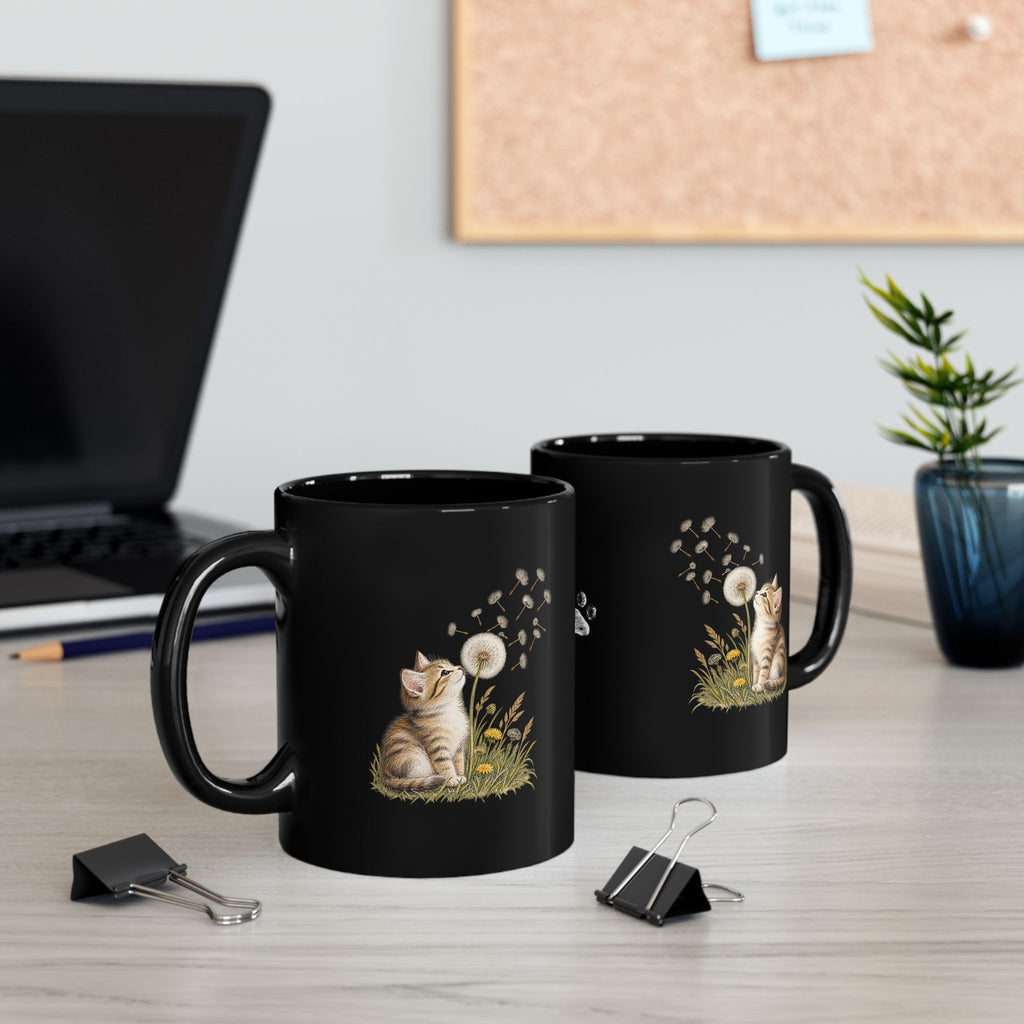 Kitten & Dandelion Black Ceramic Mug | Cat Lover Coffee Cup | 11oz & 15oz