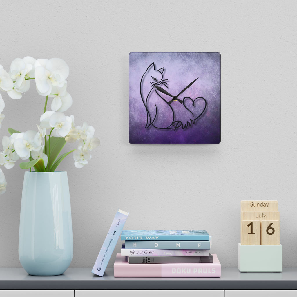 Purr Cat Heart Acrylic Wall Clock – Minimalist Cat Lover Decor