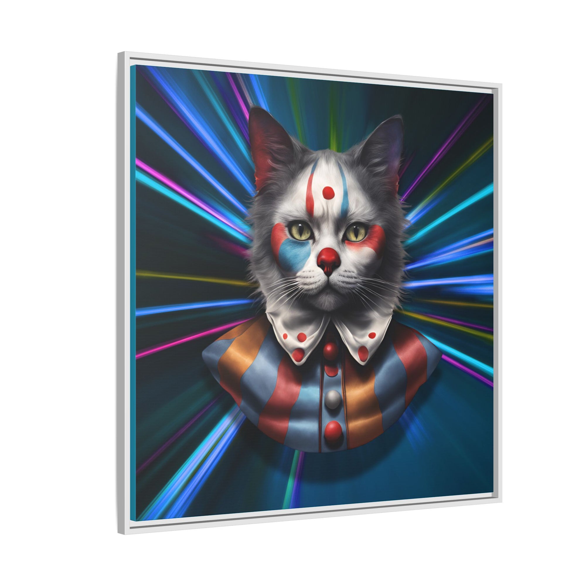 Colorful Cat Clown Framed Canvas Art – Quirky Home Decor for Pet Lovers