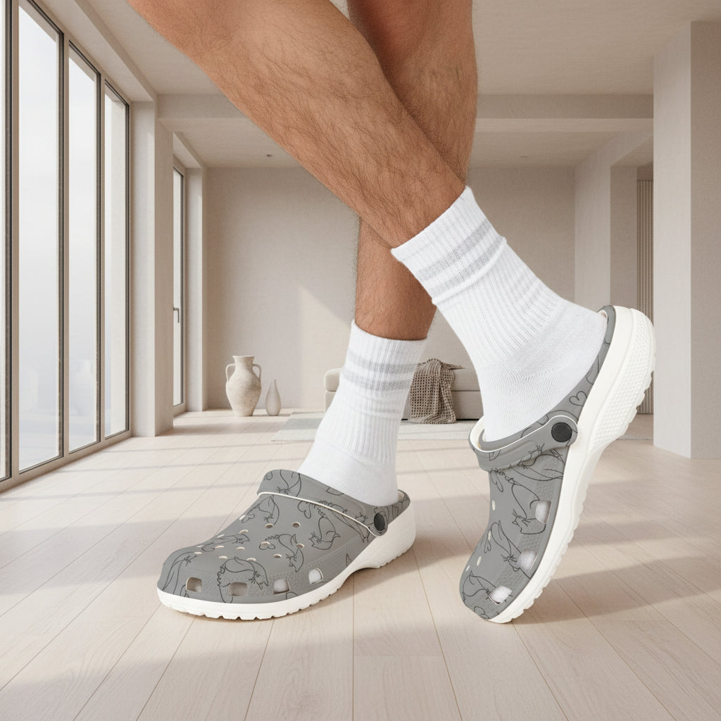 Minimalist Cat Line Art EVA Clogs – Grey All-Over Print Slip-Ons