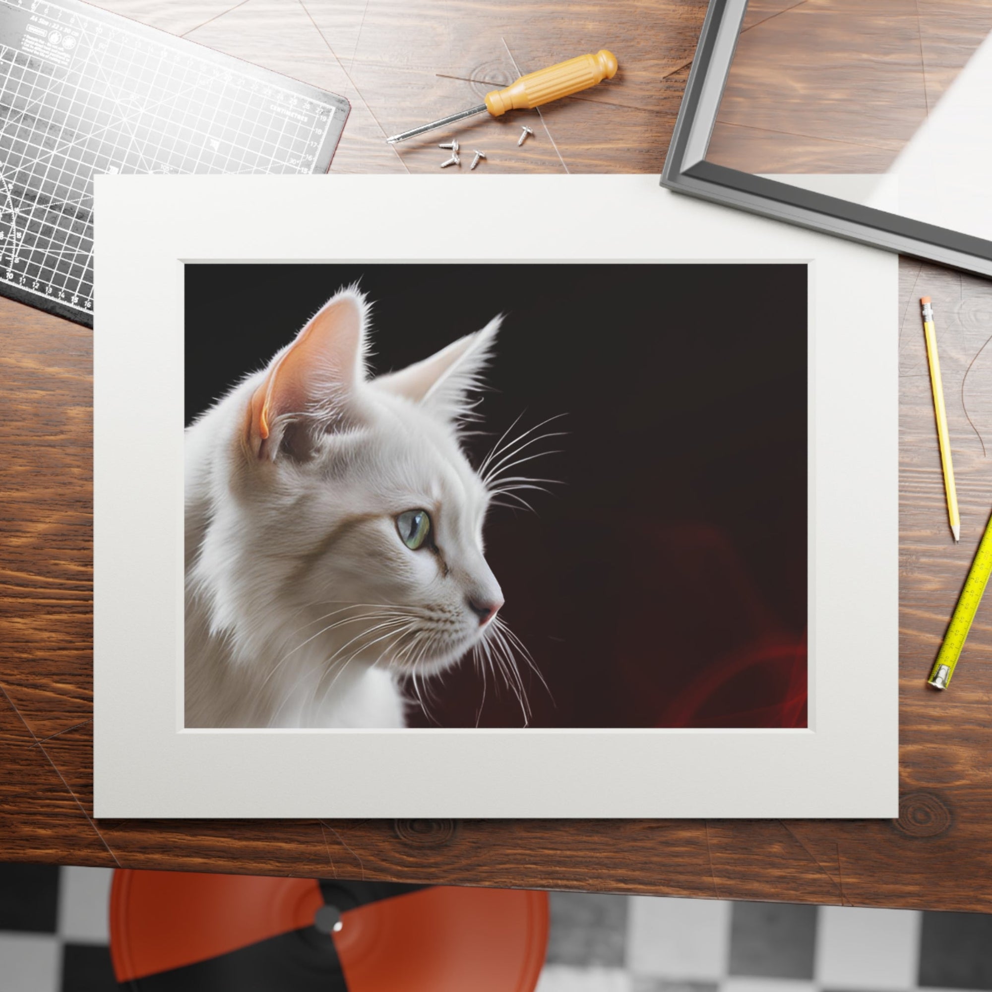 Wonderful White Cat Fine Art Print with Passepartout Frame Printify