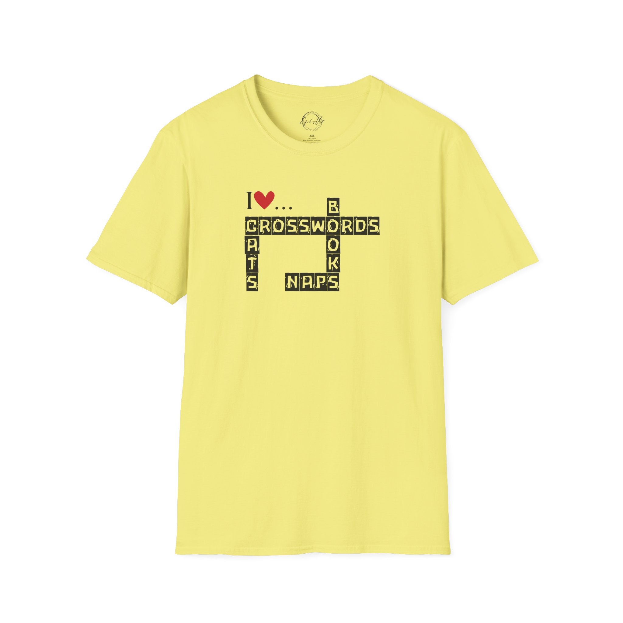 Photo depicting the ​Crosswords and Cats Unisex Softstyle T-Shirt from EpiAl's Shop.