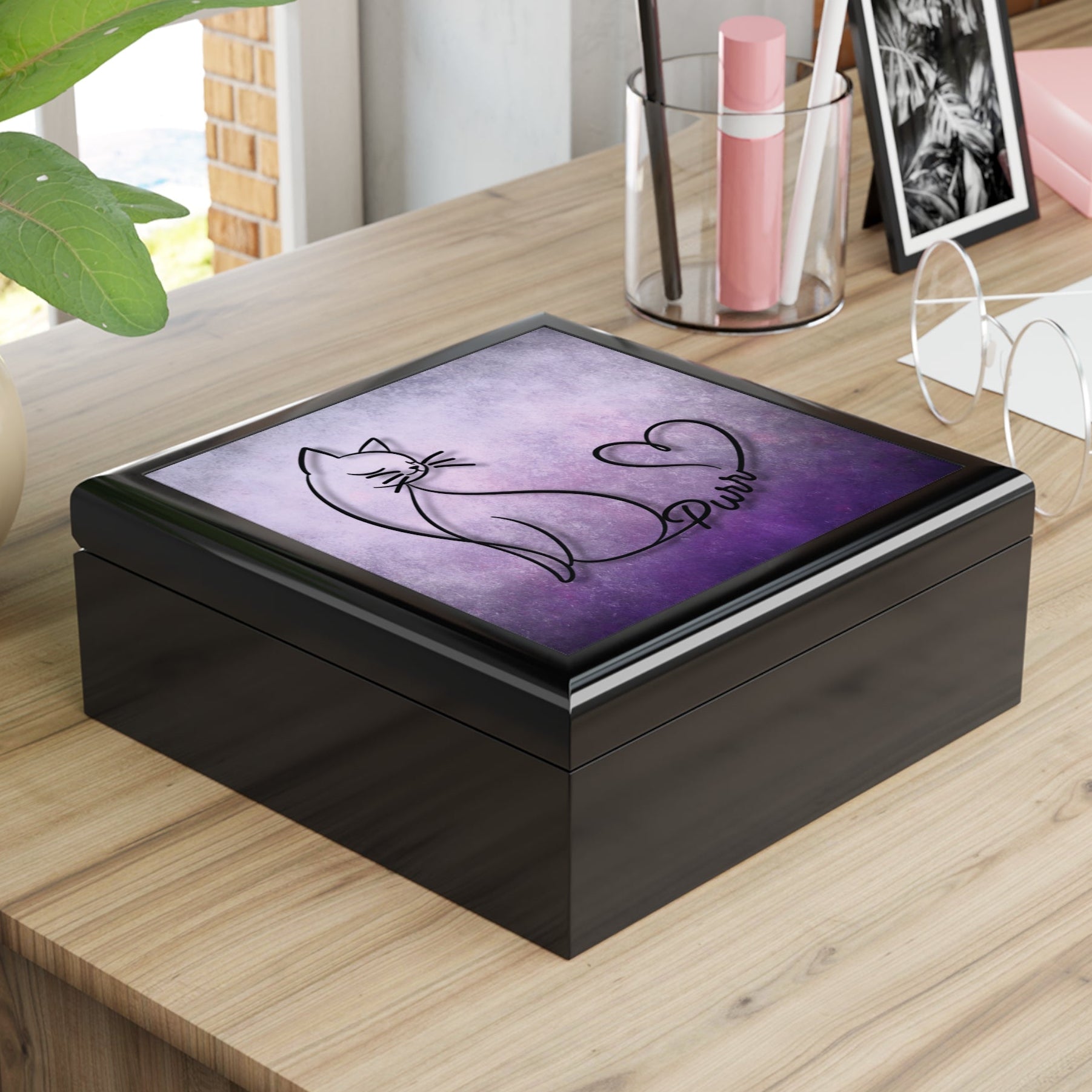 Purr – Line Art Cat Jewelry Box with Heart Tail