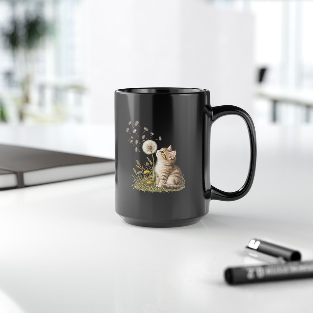 Kitten & Dandelion Black Ceramic Mug | Cat Lover Coffee Cup | 11oz & 15oz