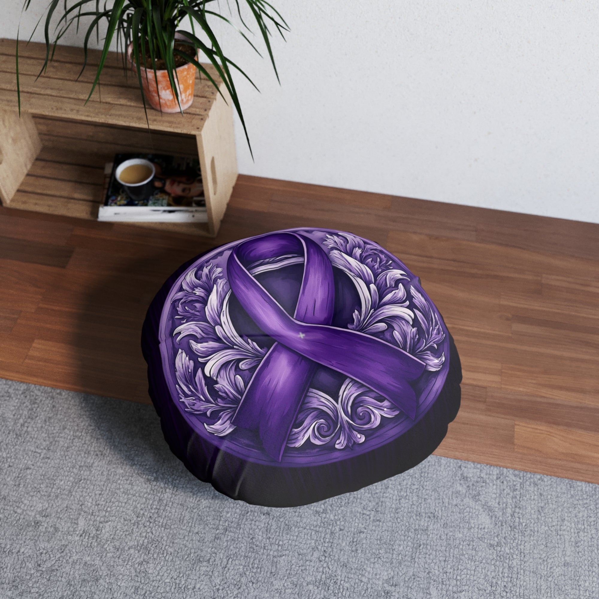 Elegant Purple Ribbon Tufted Floor Pillow, Round
