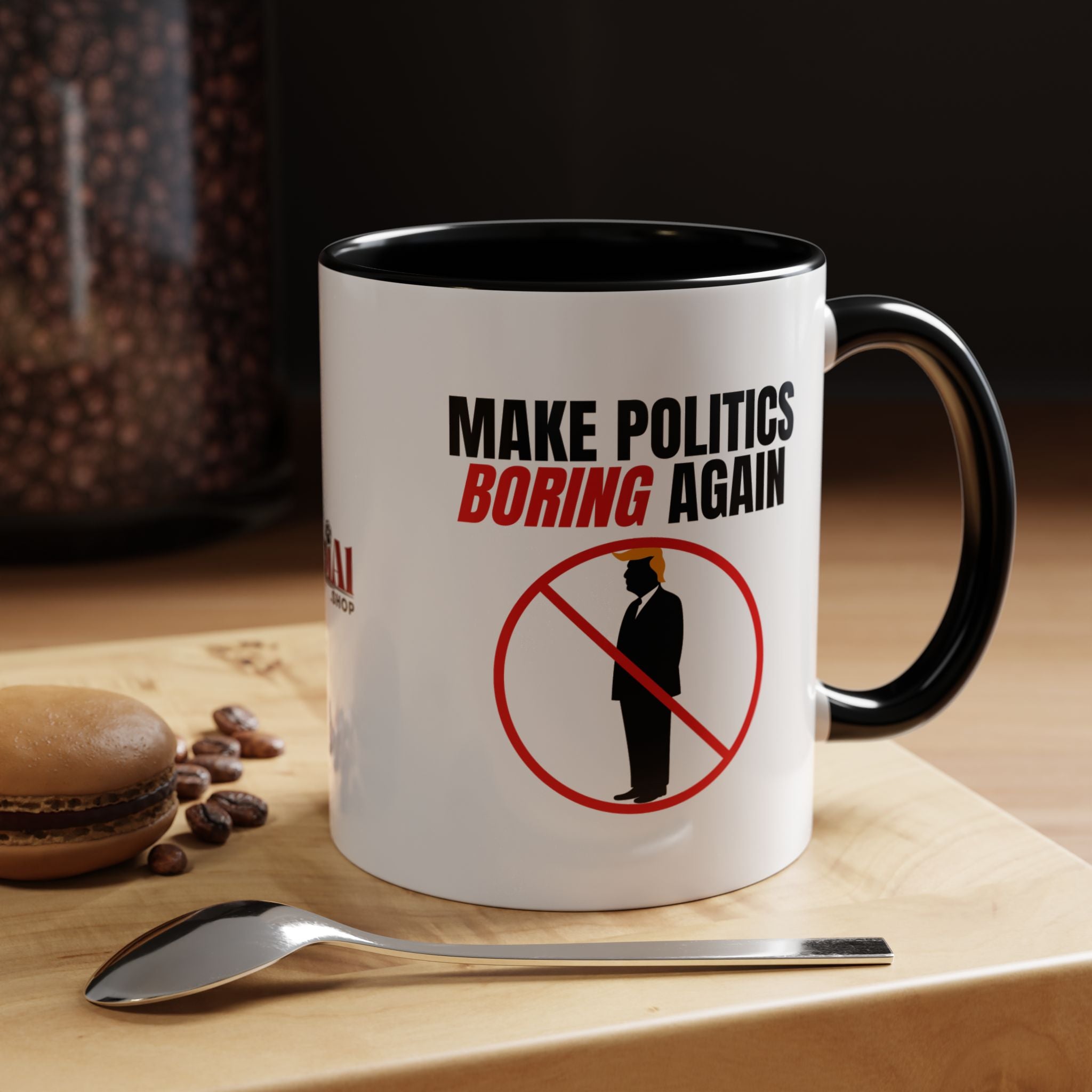 “Make Politics Boring Again” Parody Mug – Two-Tone Ceramic Coffee Cup