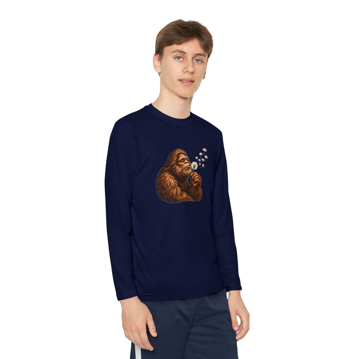 Bigfoot Blowing Dandelion Youth Long Sleeve Tee | Kids Sasquatch Shirt