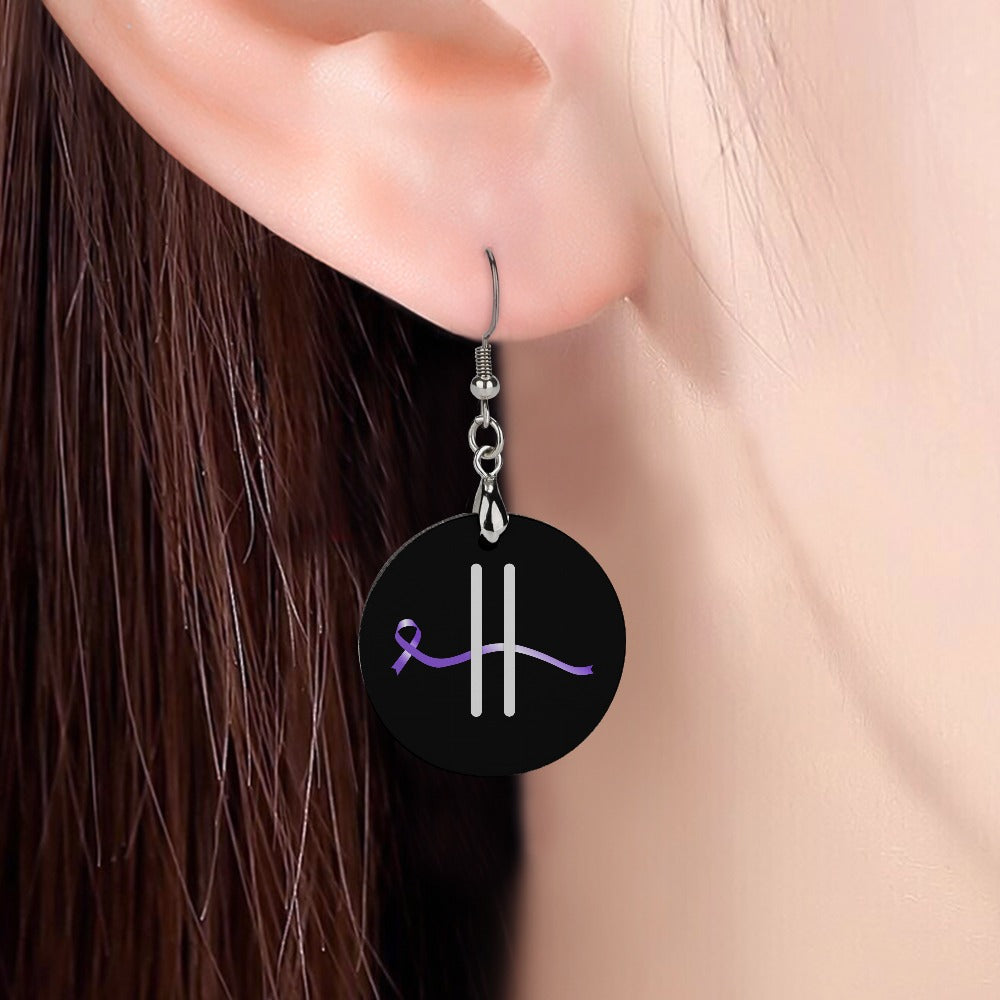 Pause Symbol Epilepsy Awareness Wood Earrings – Purple Ribbon Statement Dangles