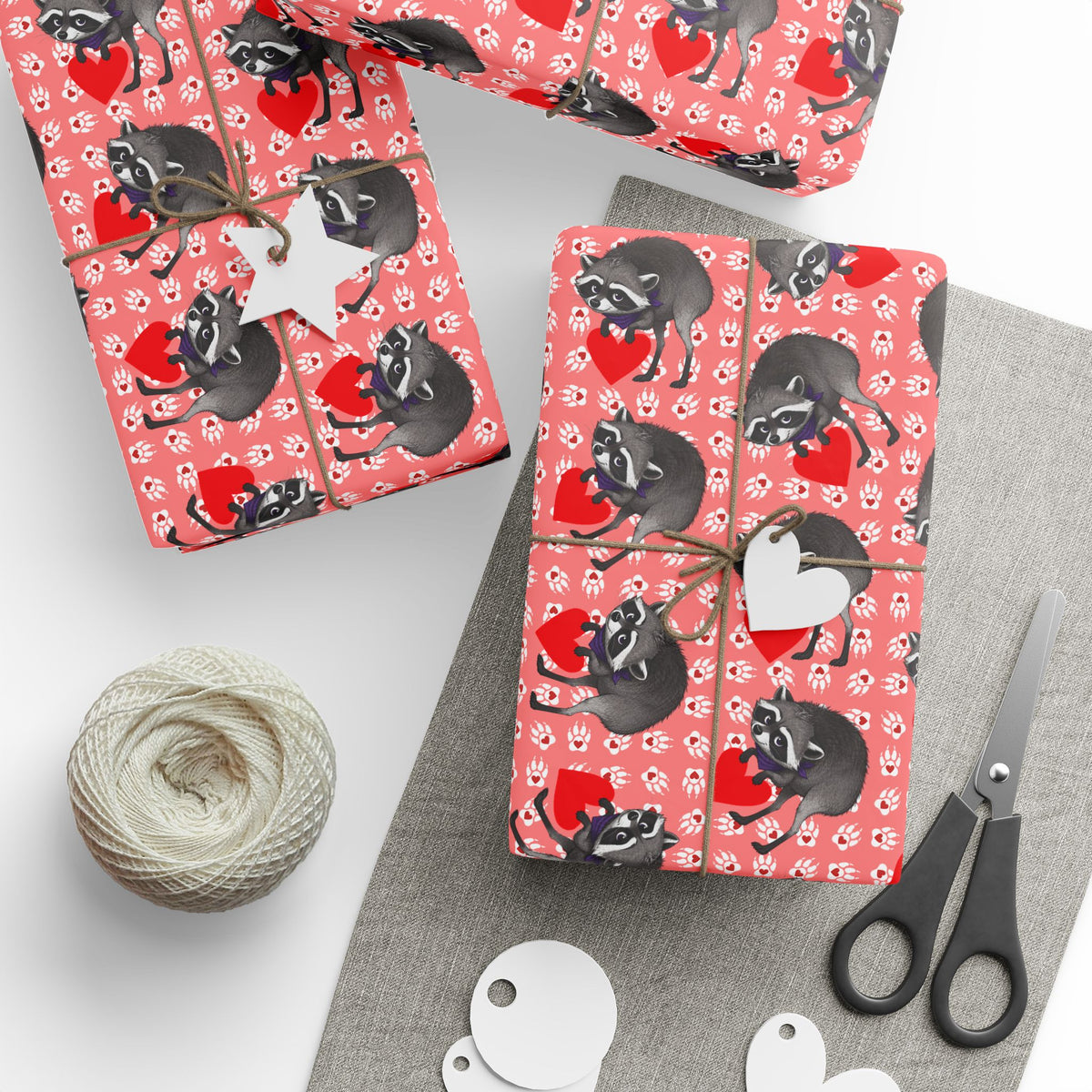 Jimothy's Love & Mischief Gift Wrapping Paper | Raccoon Hearts & Paw Prints