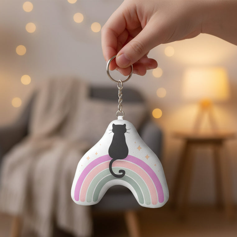 Plush Cat on Pastel Rainbow Keychain