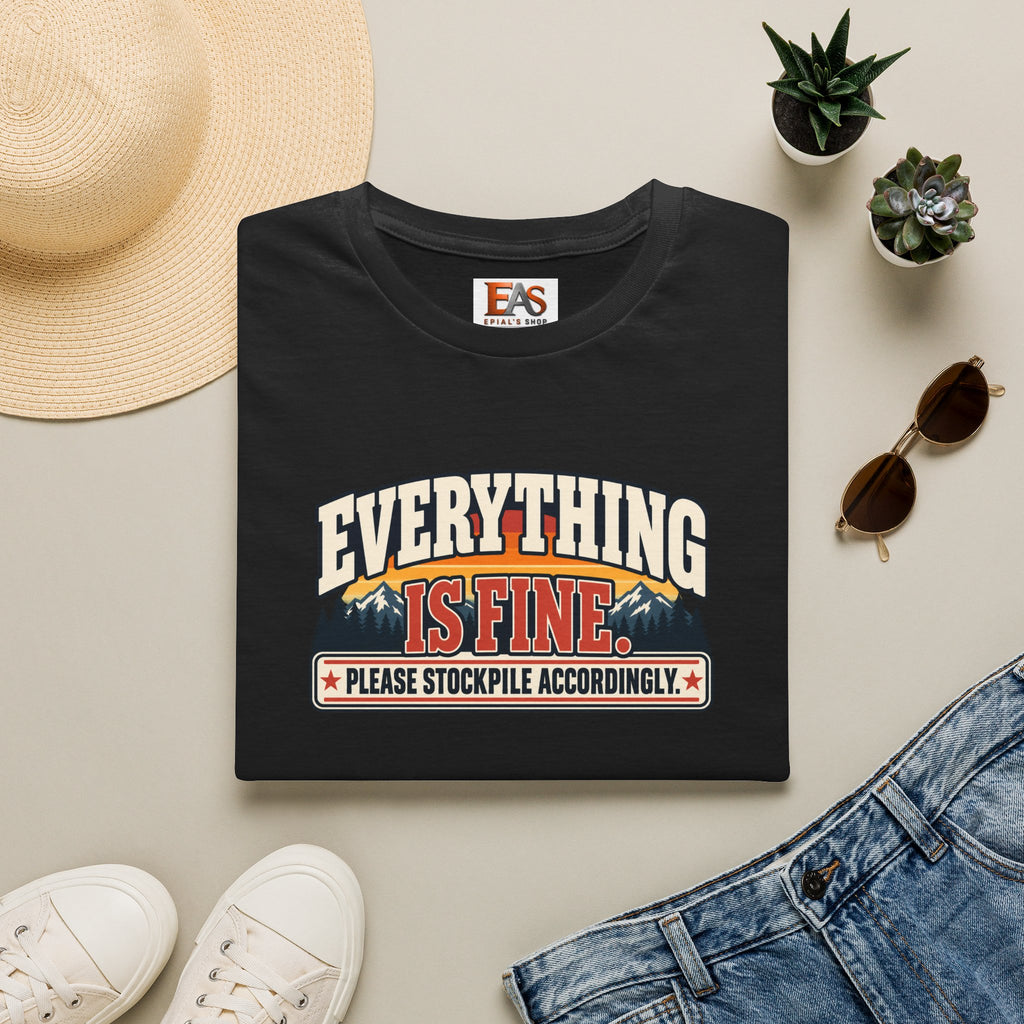 Everything Is Fine Please Stockpile Accordingly T-Shirt | Funny Emergency Preparedness Tee