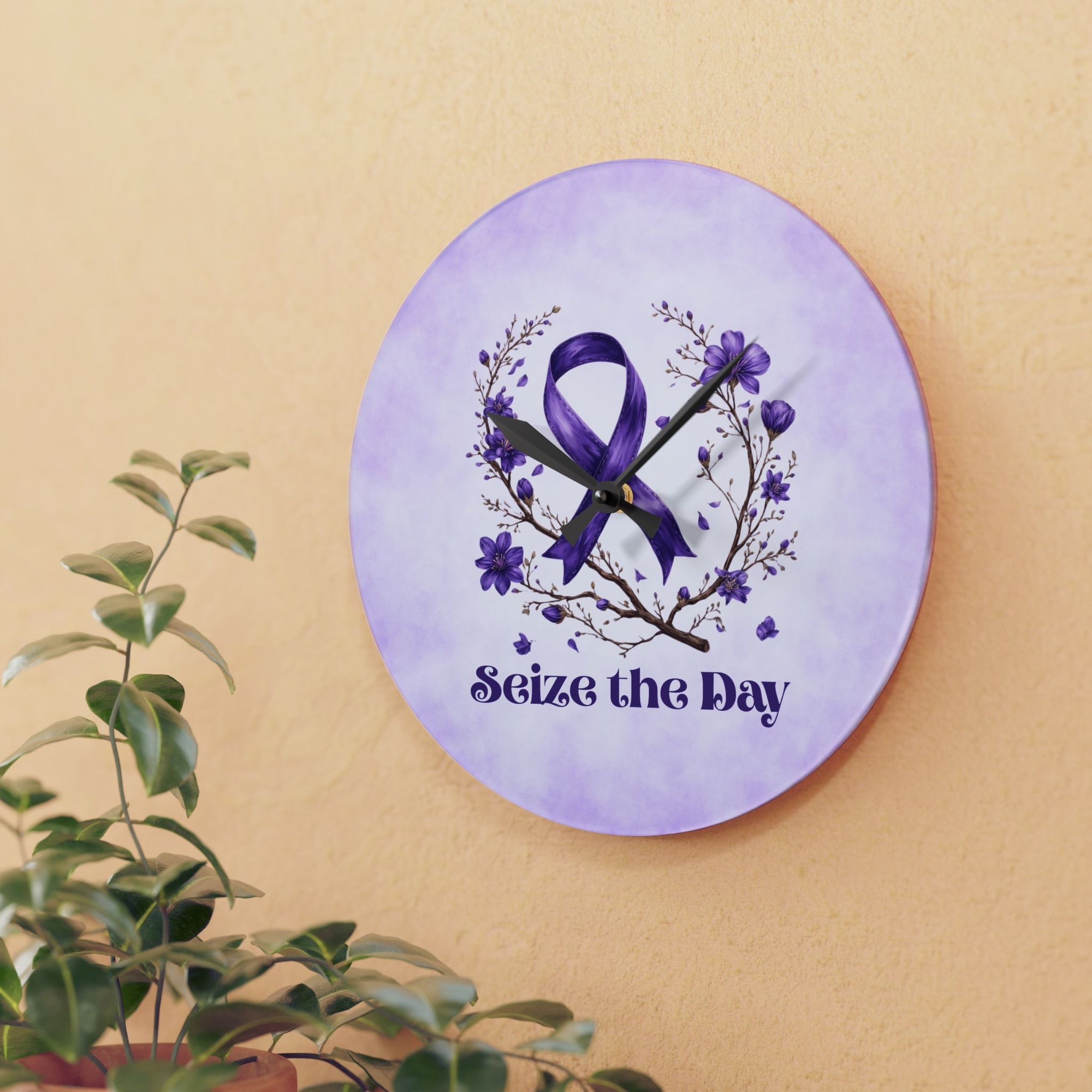 Purple Floral Seize the Day Acrylic Wall Clock