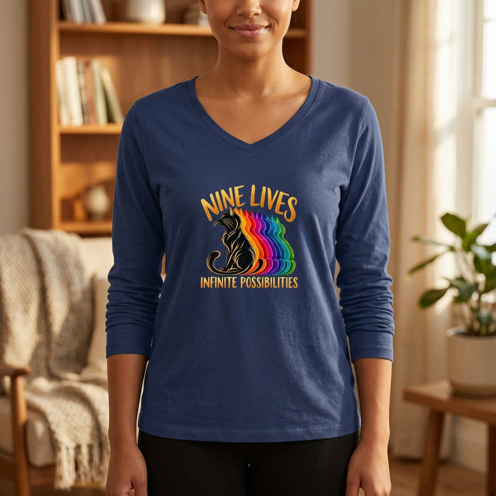 Nine Lives, Infinite Possibilities Women's Long Sleeve V-Neck T-Shirt | Colorful Cat Art