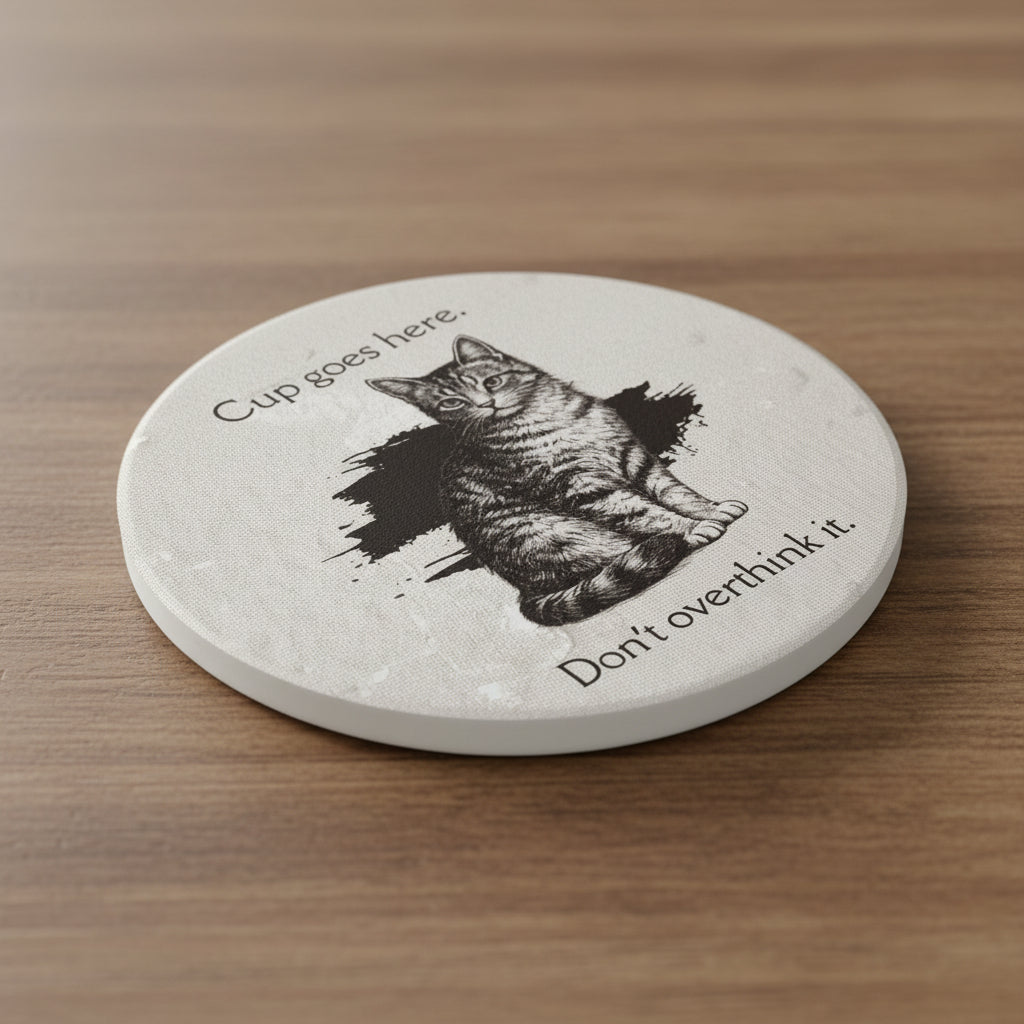 “Cup Goes Here” Cat Coaster – Vintage Sketch Ceramic Coaster with Cork Backing | Funny Minimalist Cat Decor