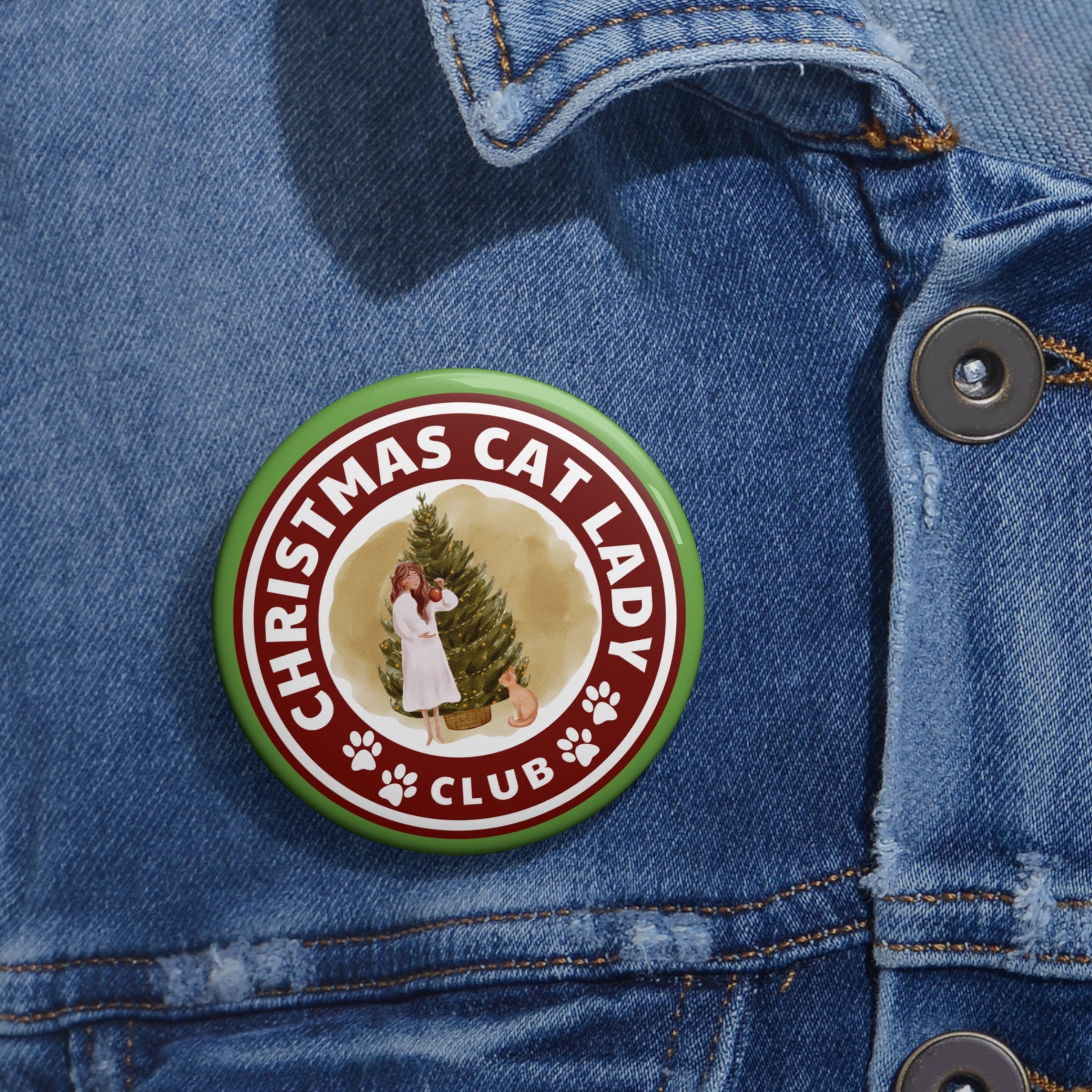 Photo depicting the ​Christmas Cat Lady Club Pin Buttons from EpiAl's Shop.