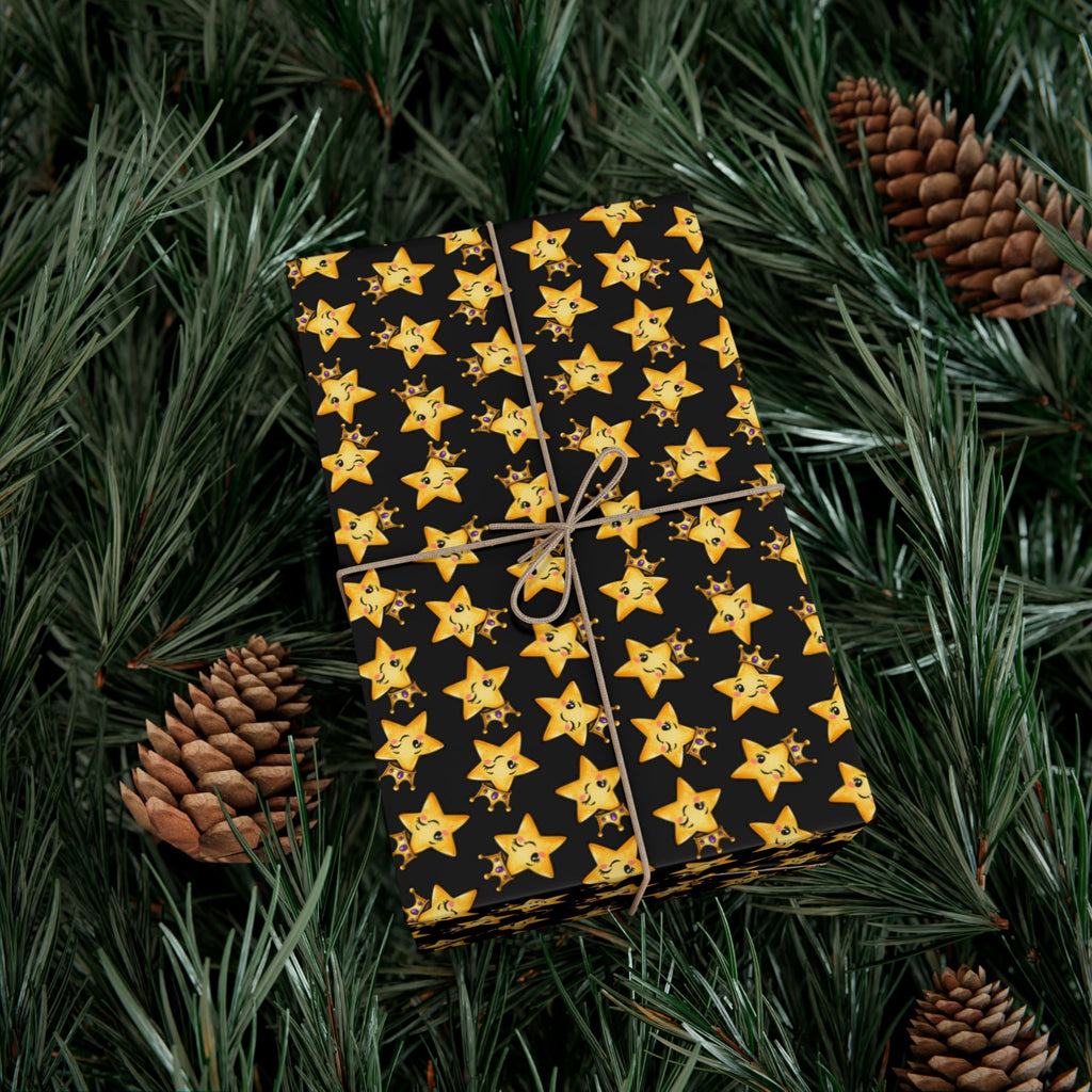 Main Character Crowned Star Wrapping Paper | Cute Black & Gold Gift Wrap