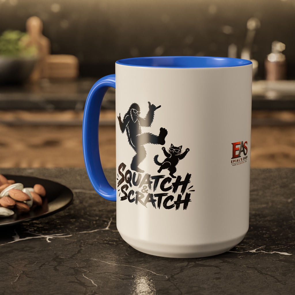 Squatch & Scratch Bigfoot and Cat Coffee Mug | Funny Sasquatch Ceramic Mug | 11oz & 15oz