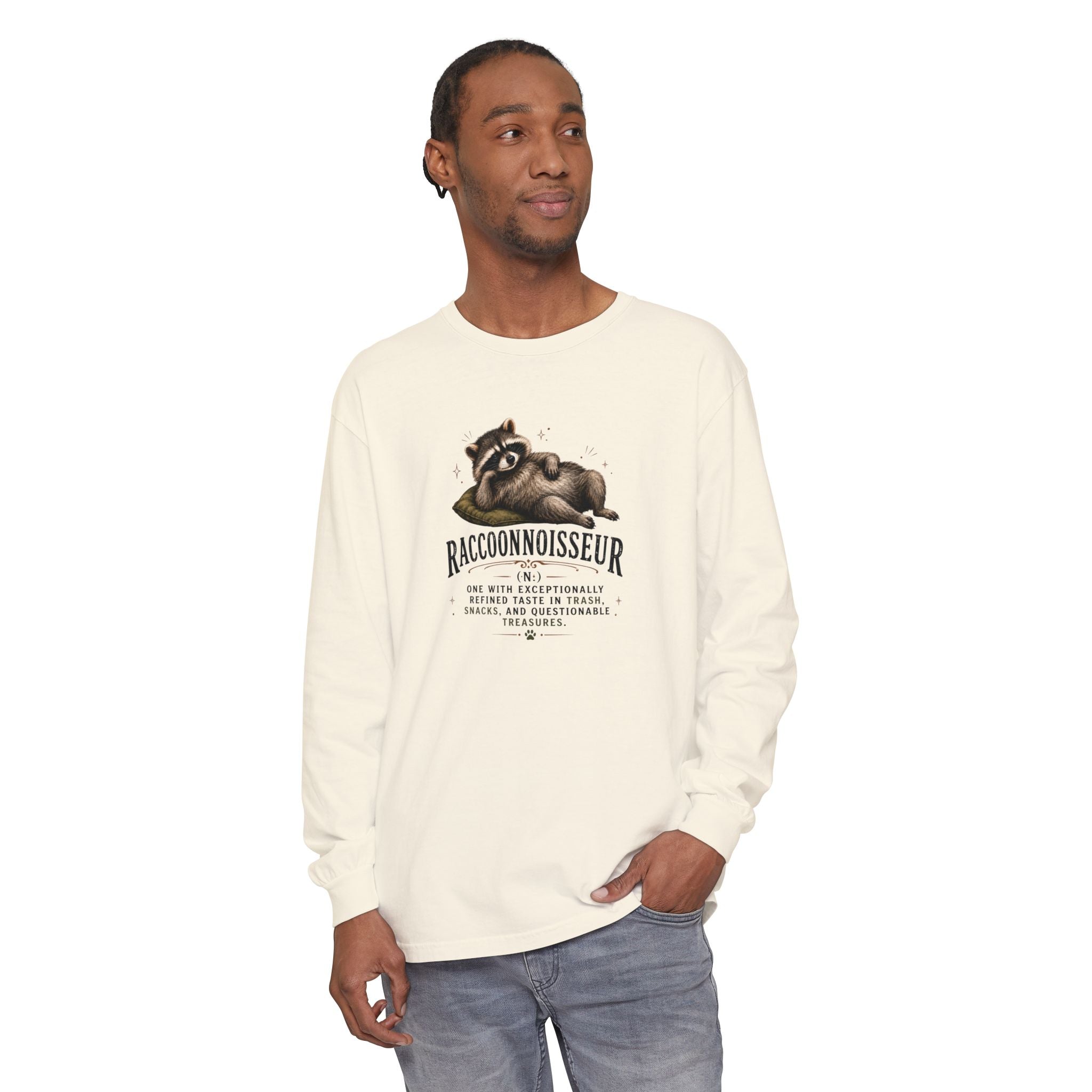 Raccoonnoisseur Garment-Dyed Long Sleeve Shirt | Funny Raccoon Graphic Tee